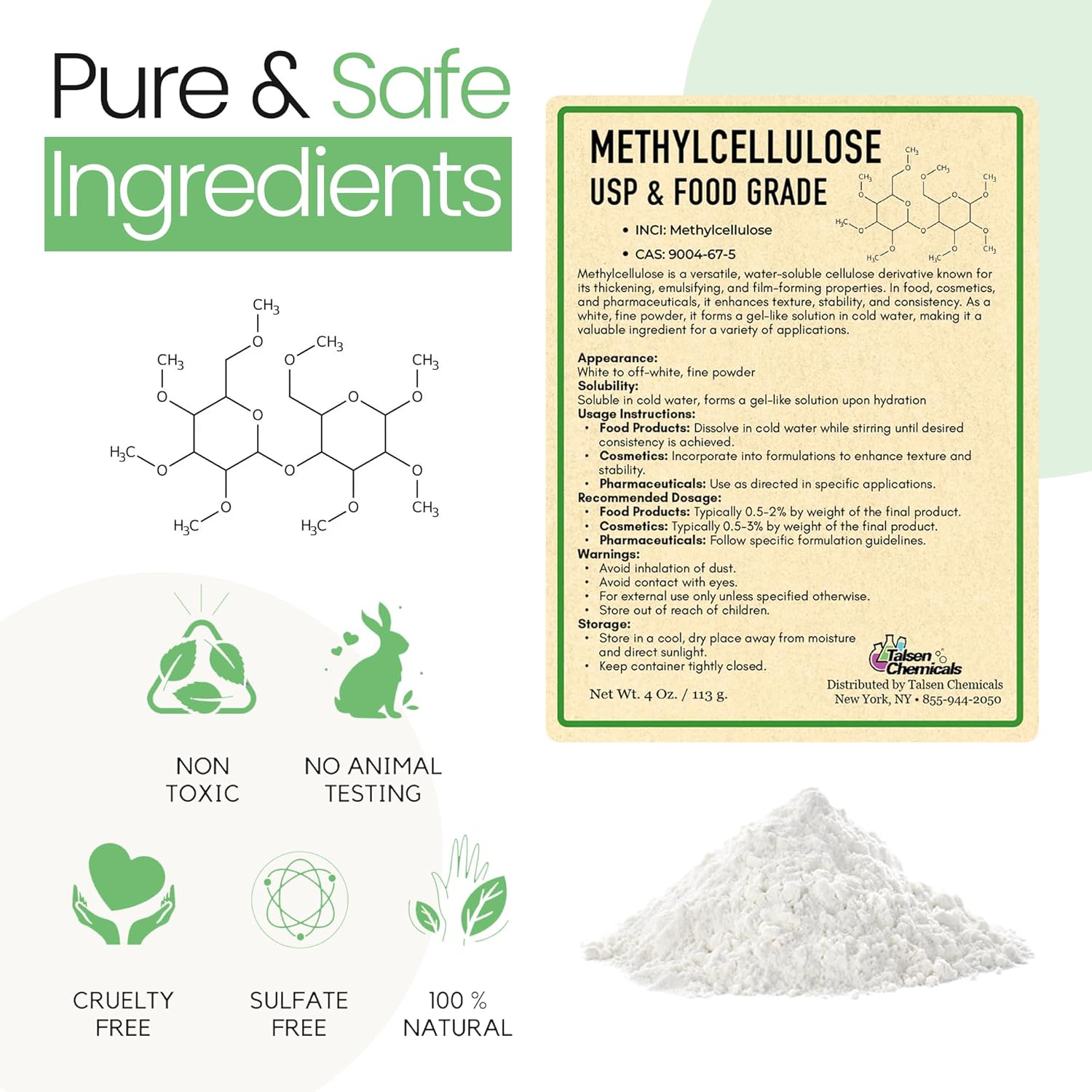 Methyl Cellulose 400 Viscosity Food Grade (2.2 lb / 1 kg) - Organic Methylcellulose Powder for DIY Cosmetics - Methylcellulose Fiber Powder - Thickening & Stabilizing Agent by Talsen Chemicals