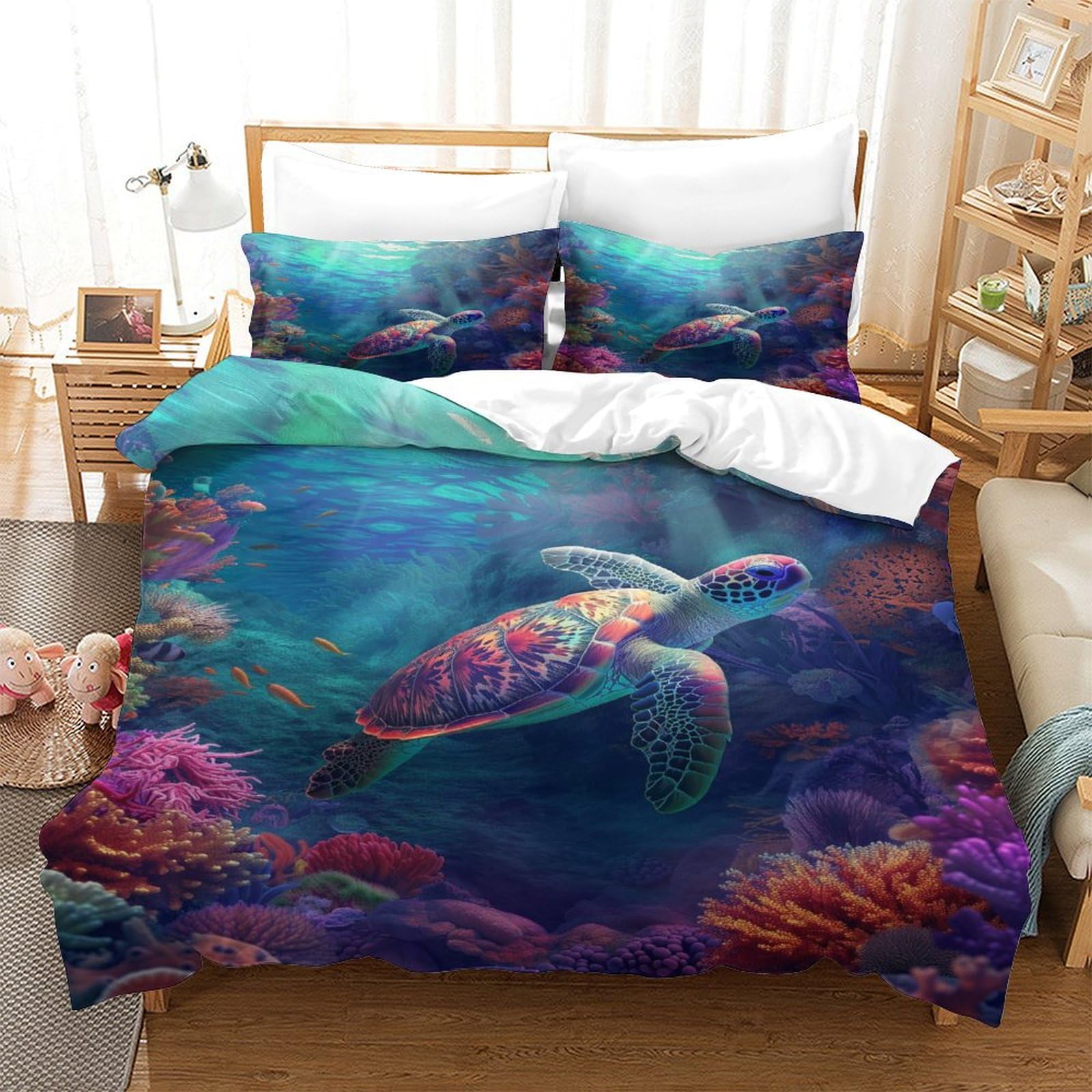 P1s9u7w5y Sea Turtle-1 3D Printed Ocean Turtle Duvet Cover Set 3Pcs Microfiber Underwater Bedding Set Double（200X200cm）