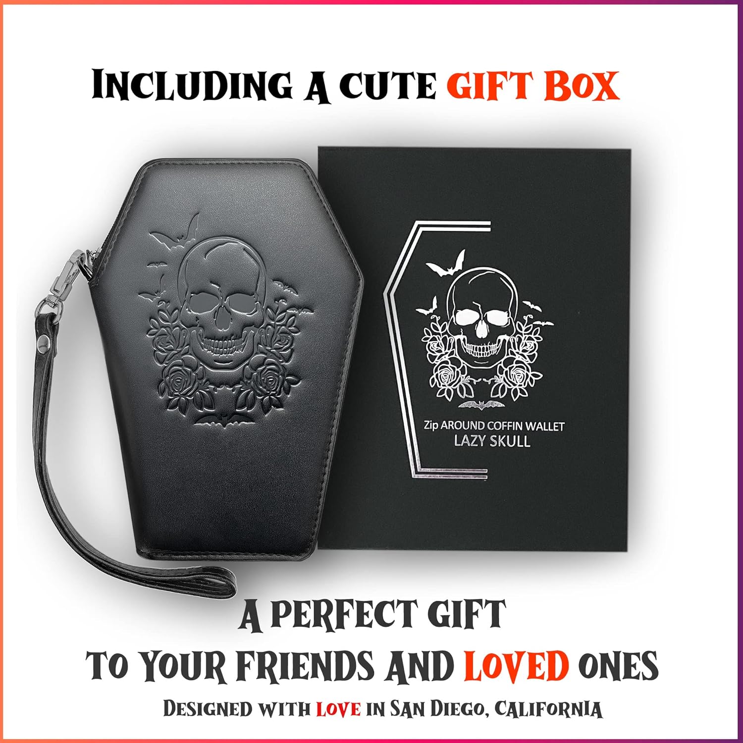 Lazy Skull Zip Around Coffin Wallet – Cute Witchy Small Purse for Women with Skull and Bat Design– Goth Accessory Wallet – Horror Coffin Purse– Spooky Halloween Gothic Wallet with Wristlet Strap - Image 6