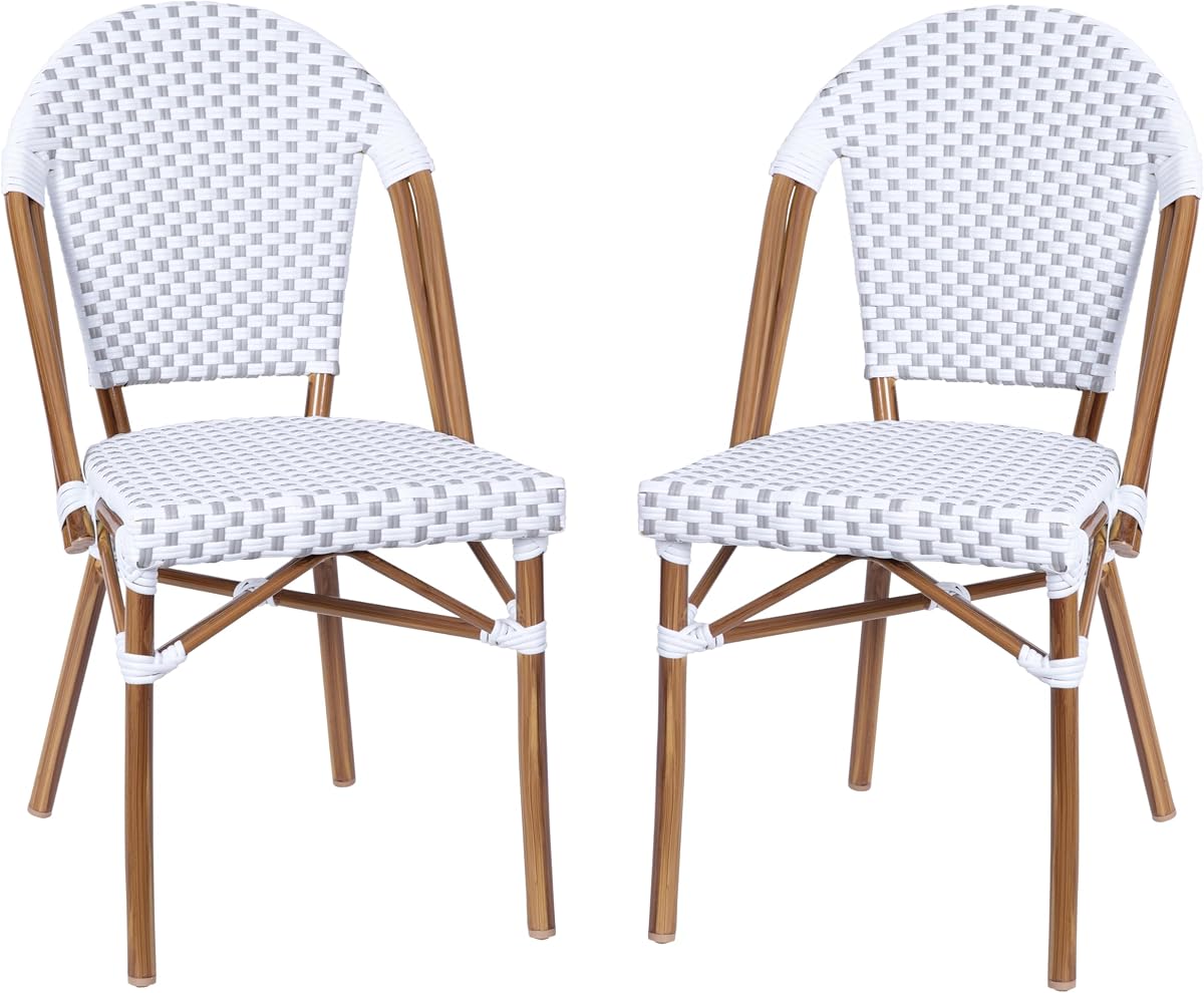Flash Furniture PE Rattan Indoor/Outdoor Stack Chair, White/Gray, 2-Pack | Bamboo FrameFinish, Commercial Grade, Stackable, Indoor/Outdoor Use