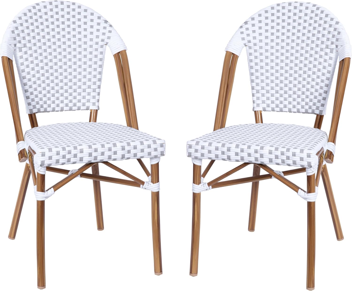 Flash Furniture Lourdes Set of 2 Indoor/Outdoor Commercial Bistro Stack Chairs - White/Gray PE Rattan Back and Seat - Natural Bamboo Print Aluminum Frame