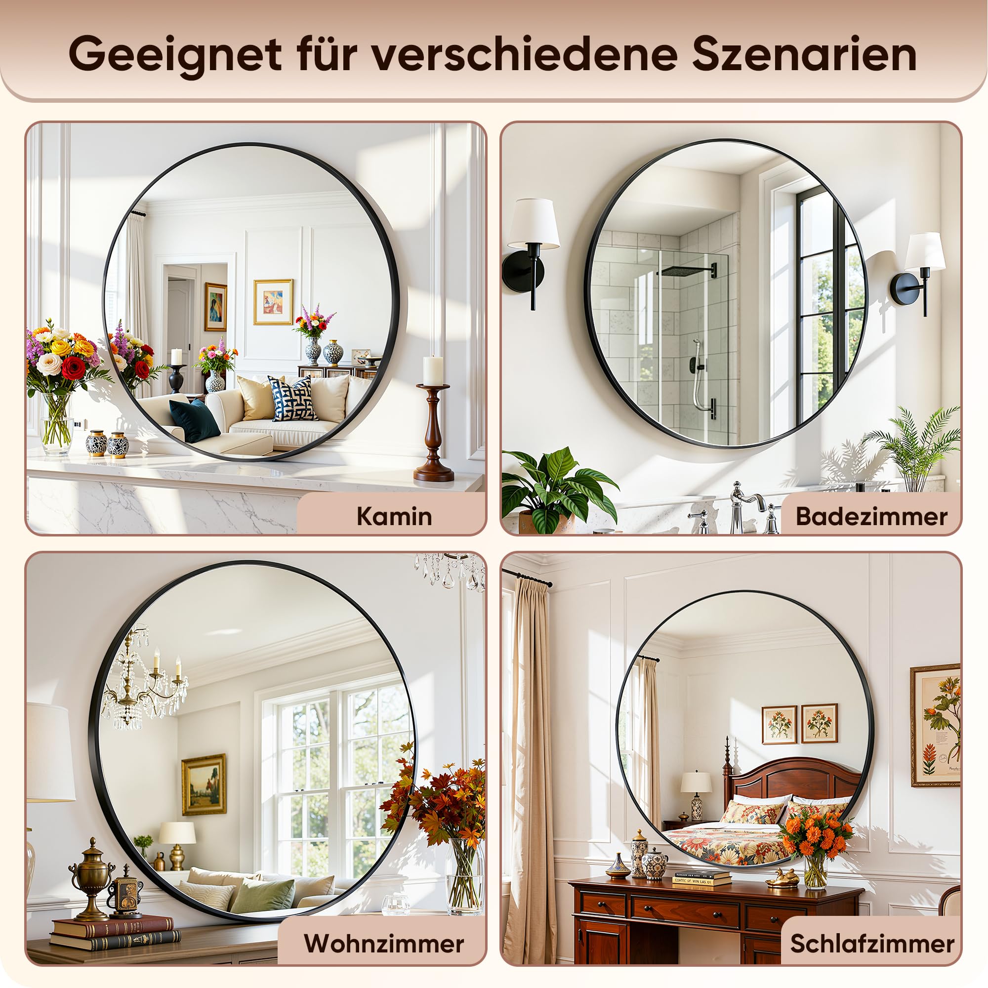 Antok Spiegel Rund, 81cm Schwarz Dekorative Wandspiegel für Bad, Eitelkeit, Wohnzimmer, Eingangsbereich, Runder Spiegel Hängend oder Lehnend, Aluminium Rahmen