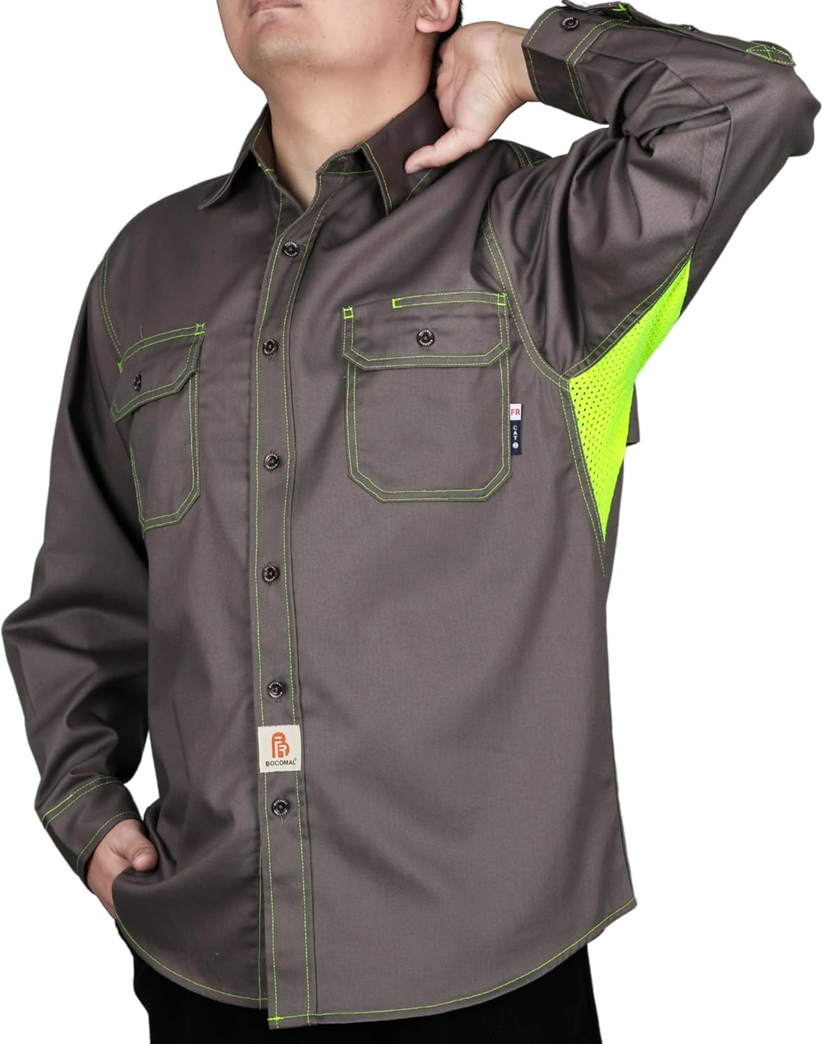 BOCOMAL FR Shirt for Summer Lightweight Vented Mesh Back and Underarm Breathable Flame Resistant Welding Button Down Shirts