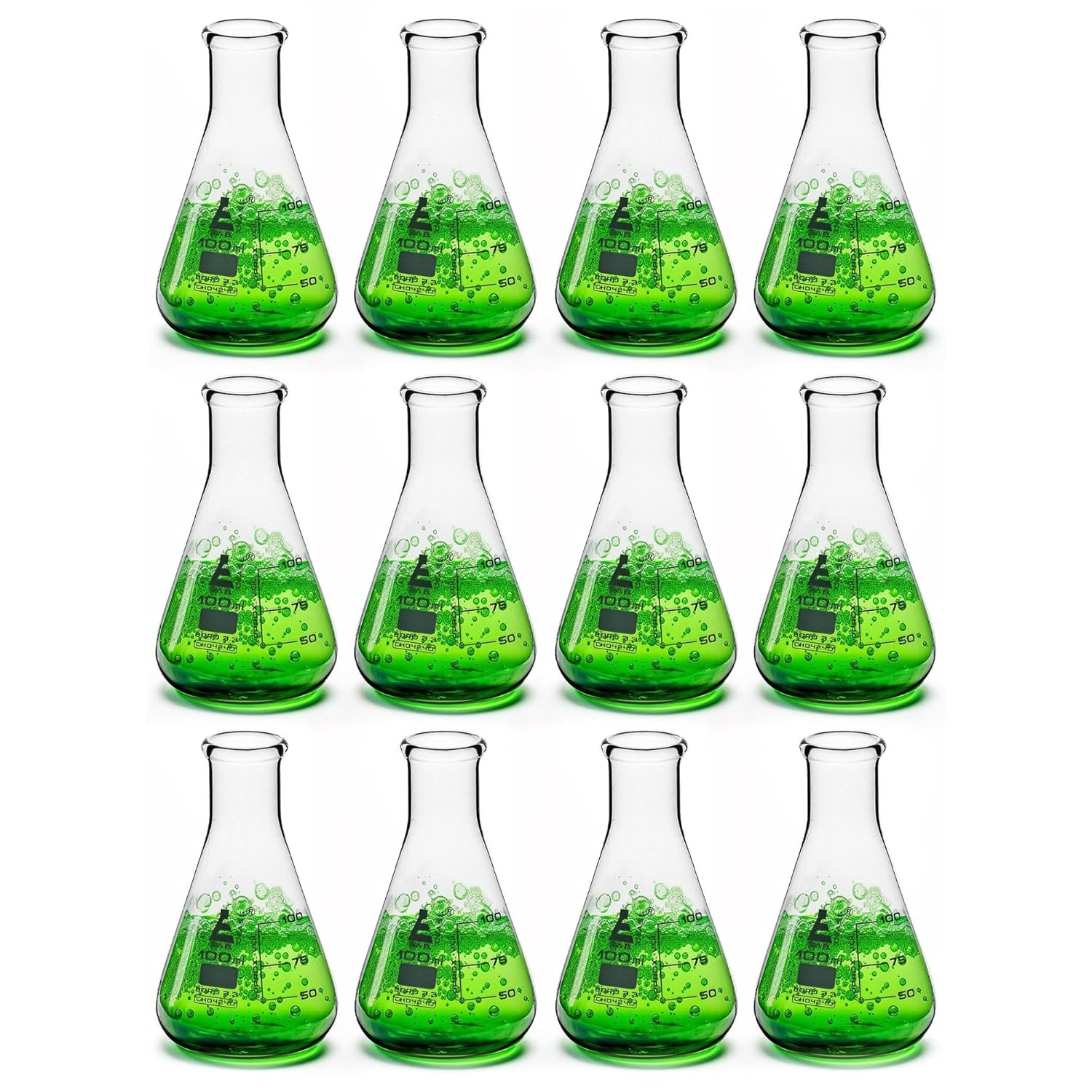 EiscoLabs 12 Pack 100mL Borosilicate Glass Erlenmeyer Flasks - Narrow Neck, Heat-Resistant, Lab Grade Conical Flasks