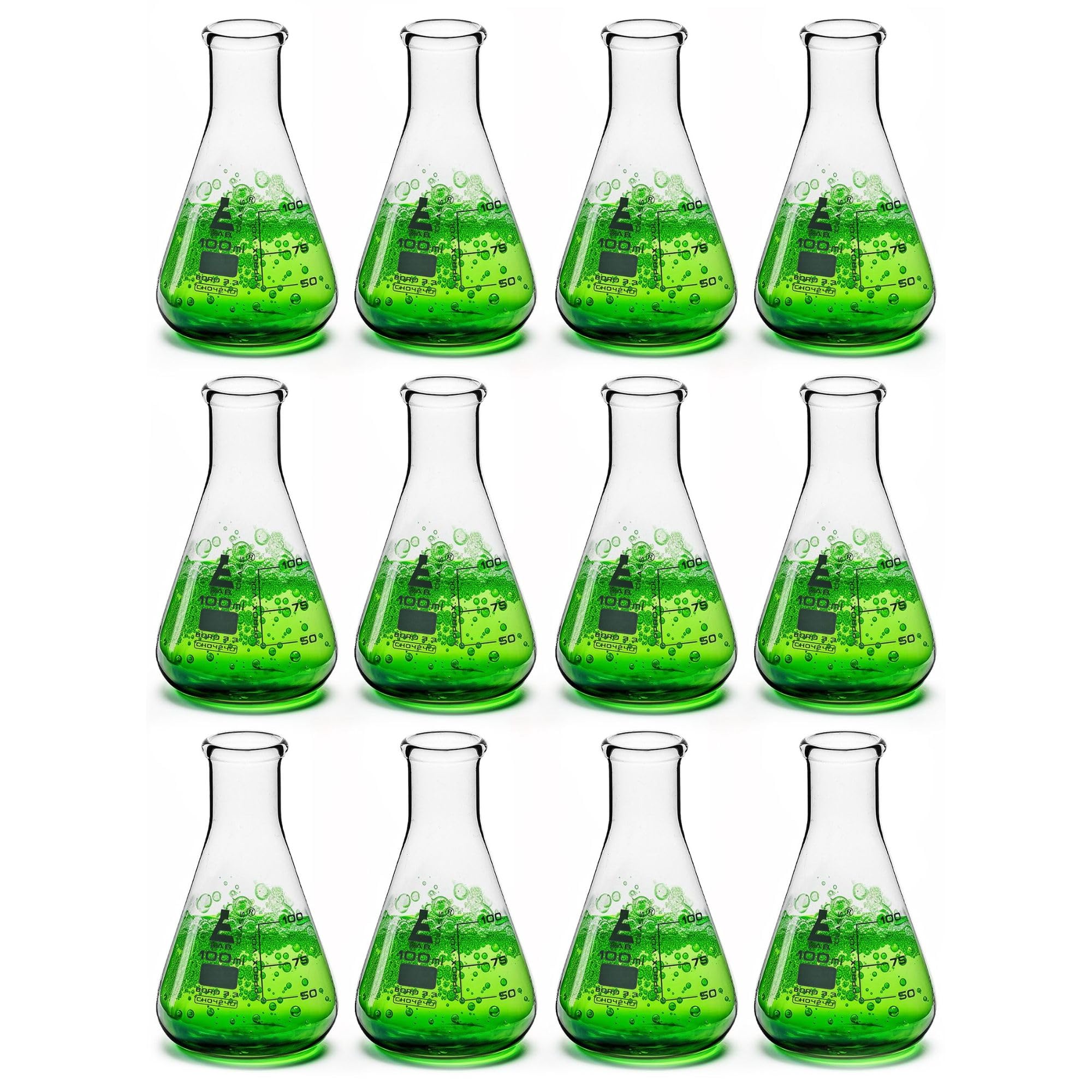 EISCO 12PK Erlenmeyer Flasks, 100mL - Borosilicate Glass - Narrow Neck, Conical Flasks