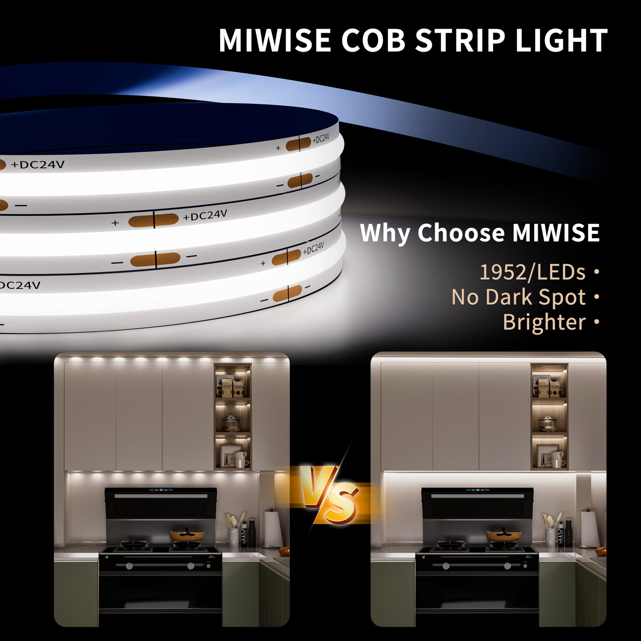 MIWISE COB - Tira de luz LED de 6,1 m, CRI 90+ luz de día cálida de 6000 K de alto lumen regulable, súper brillante, flexible, DC24 V con driver/regulador, para gabinetes, oficinas en casa, proyectos