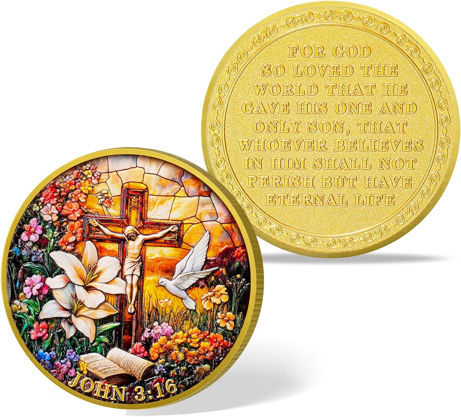 Christian Challenge Coin – Jesus Crucifixion Garden Medallion with John 3:16 Bible Verse | Christian Pocket Token & Religious Prayer Keepsake | Inspirational Faith Gift for Men and Women