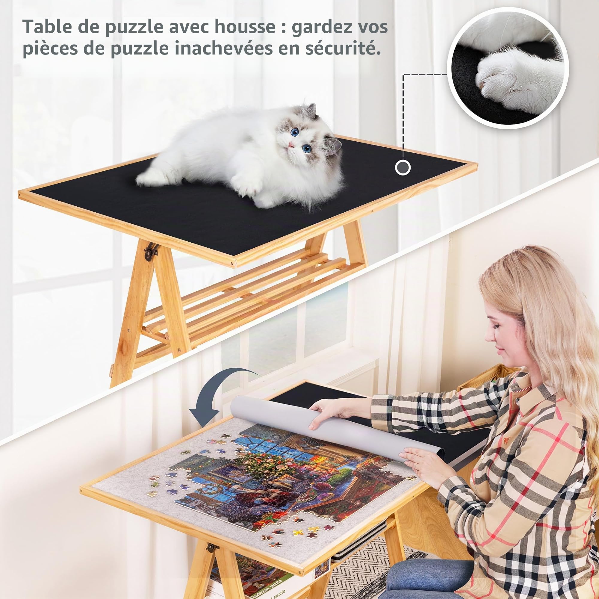 LAVIEVERT Table de puzzle de 1500 pièces avec pieds et housse, chevalet réglable en bois avec étagère de rangement, table de puzzle inclinable portable avec 4 roues roulantes pour adultes