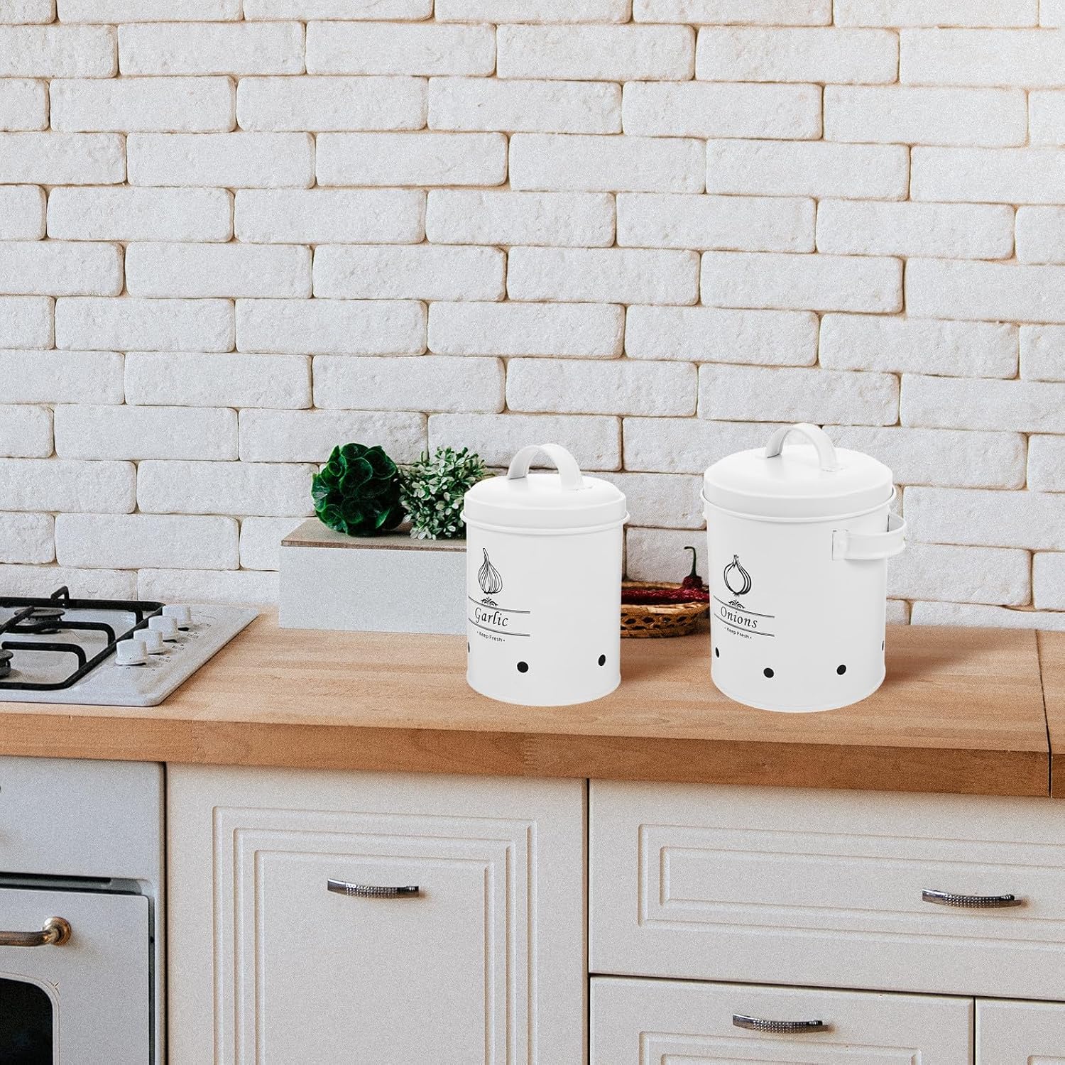 Potato and Onion Storage Bins Set, White Metal Food Containers with Lids, Breathable Kitchen Pantry Canisters for Vegetable Fresh Keeping, Medium and Small Size