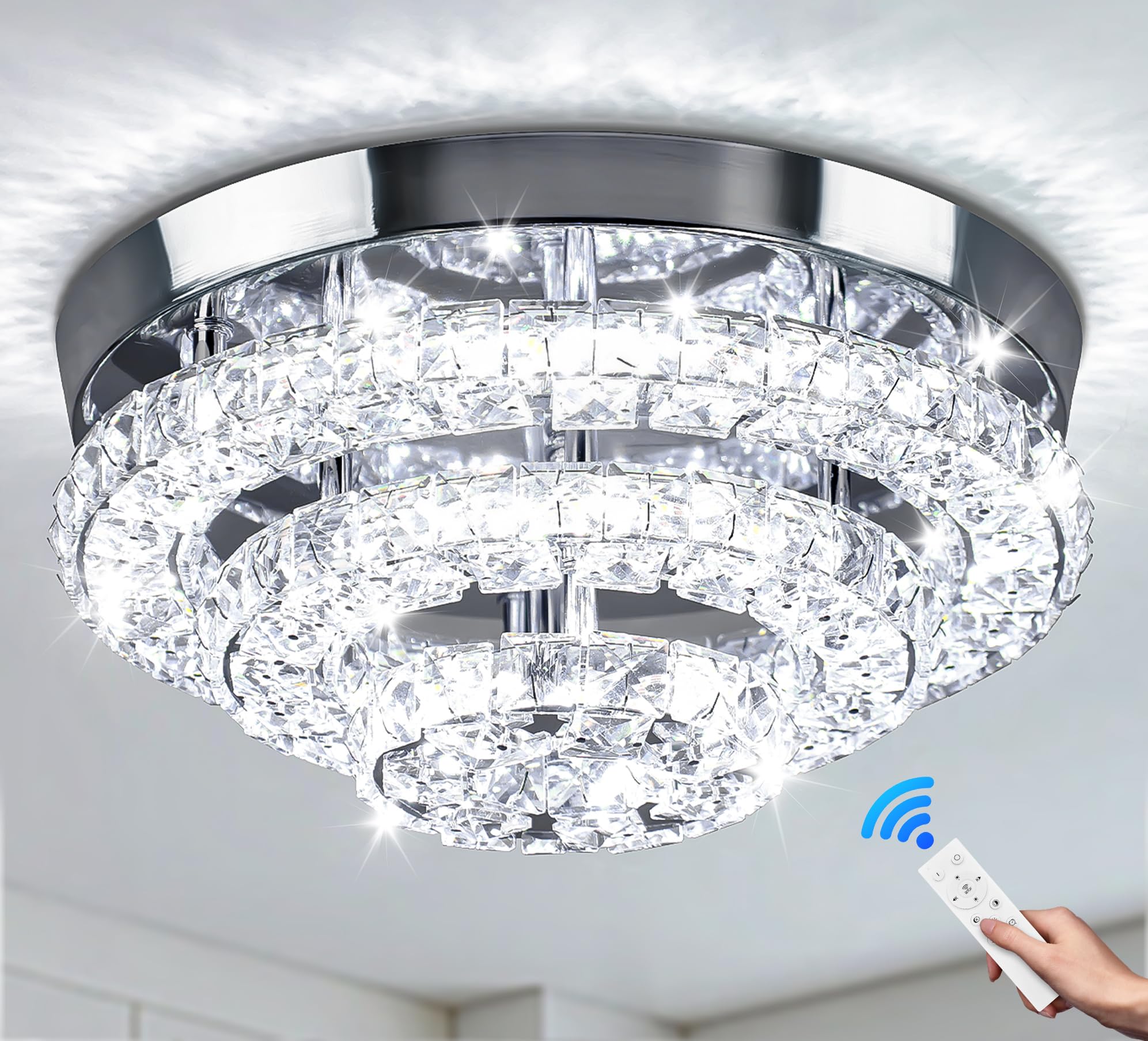Cainjiazh 11.8" Ceiling Light Modern Crystal Chandeliers LED Crystal Ceiling Light Fixture Flush Mount Ceiling Chandelier Light Chandelier for Dining Room Hallway Dimmable with Remote Control — image 1