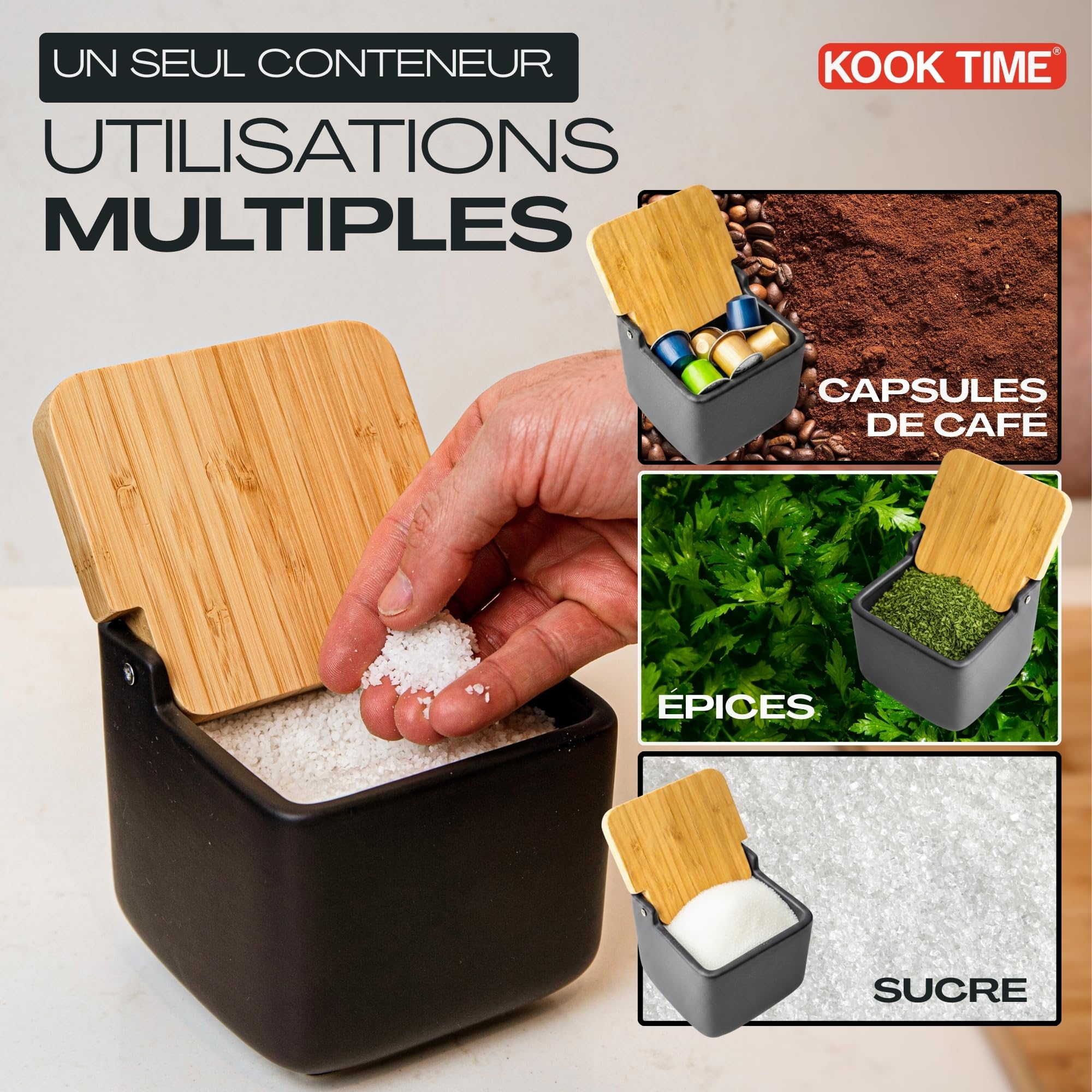 Pot a sel cuisine | Boîte à sel en céramique avec couvercle en bambou, parfaite pour sel gros et sel fin | Céramique Colour: Noir |11.5 x 11.5 x 11.5 cm.