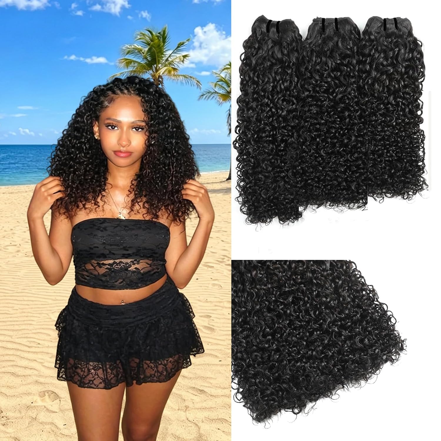 14 16 18 Pixie Curly Bundles 100% Unprocessed Virgin Human Hair 3 Bundles, Wet and Wavy Kinky Curly Weave Human Hair Extensions for Black Women Natural Black