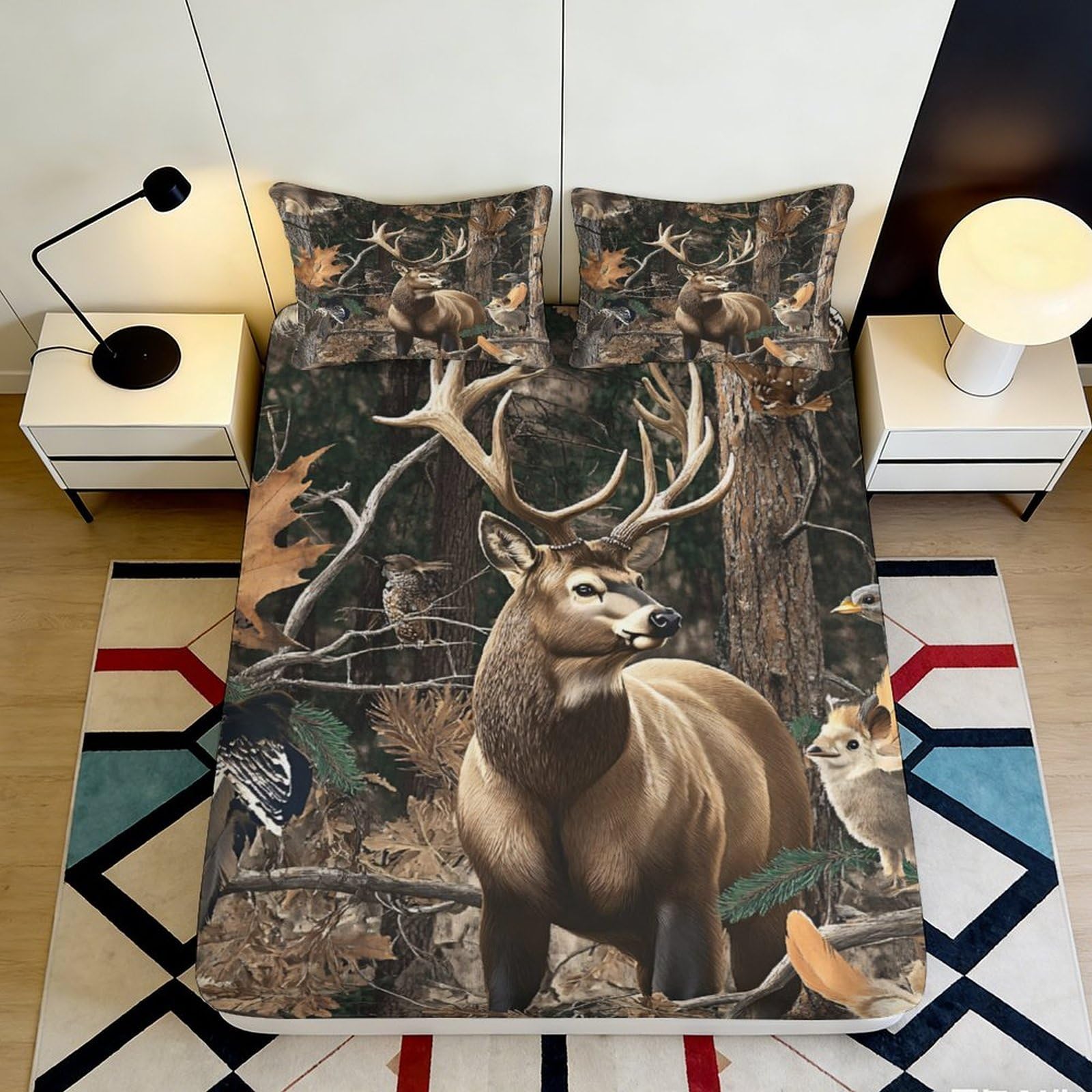 3D Printed Forest Deer Fitted Sheet Microfiber Soft Woodland Animal Mattress Cover for Bedroom Dorm Decor 90x200x25cm