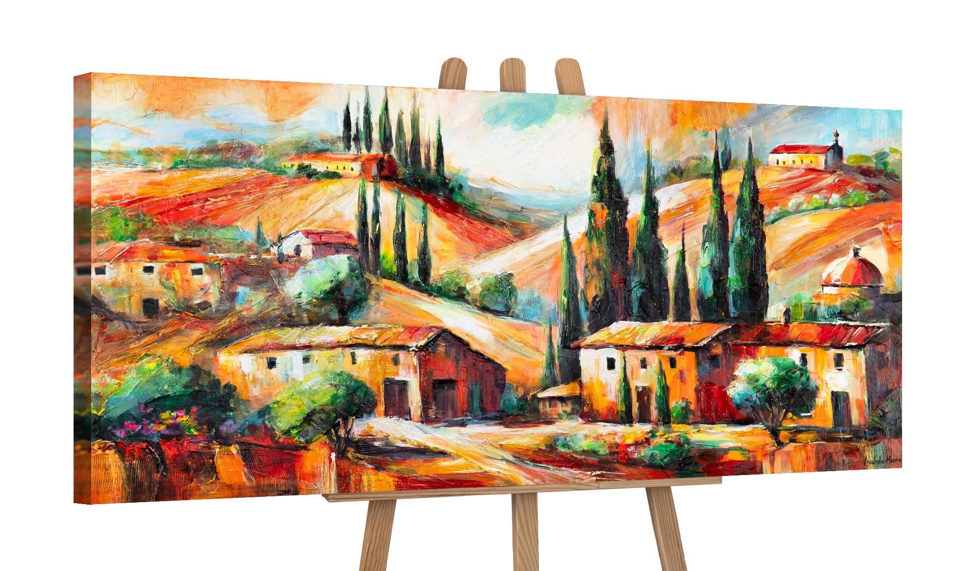 Ys Warm Evening -Art Original Handmade Painting Tuscany Landscape Warm Italian Countryside Canvas Art Rustic Wall Decor For Dining Room Interior 45X20 Inch