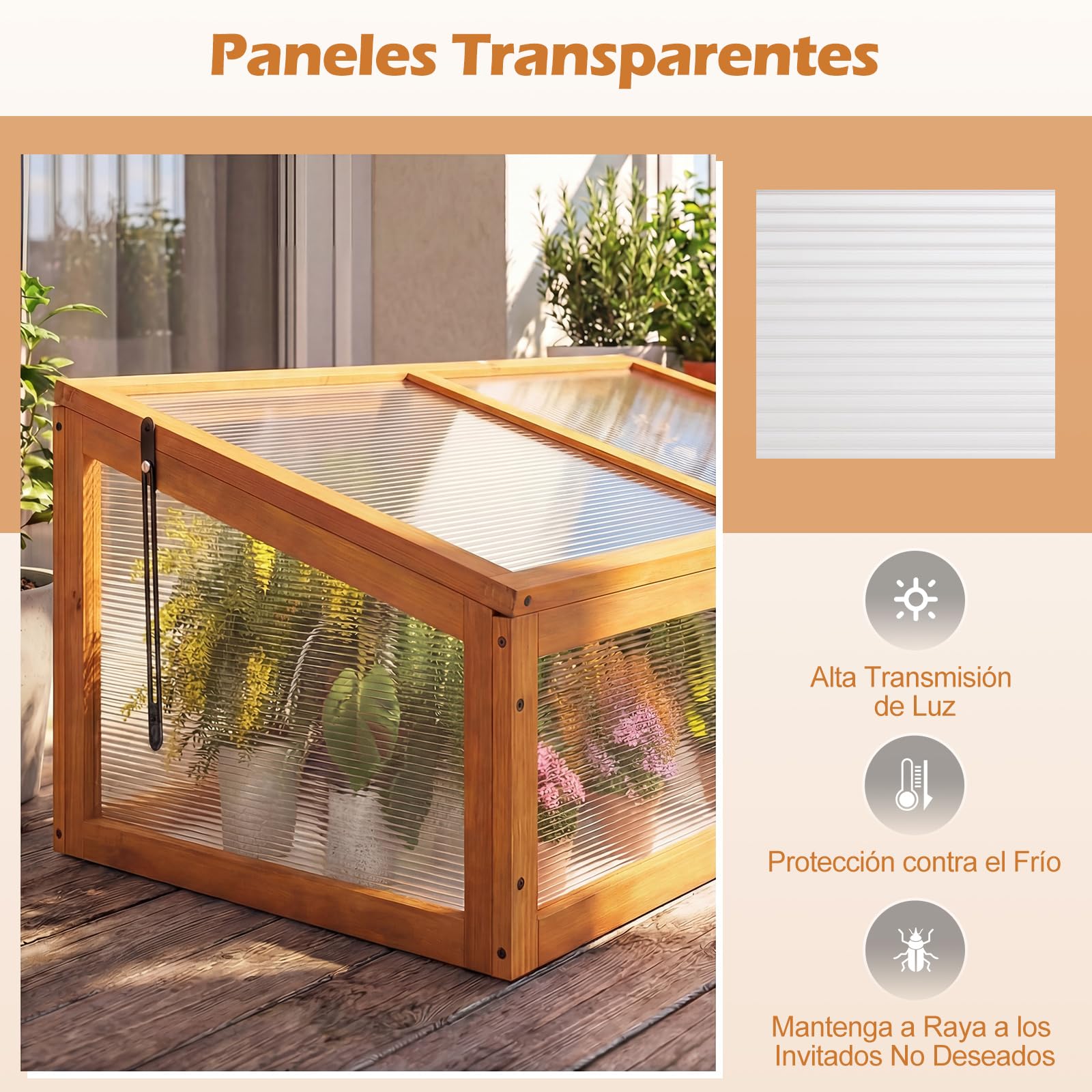 COSTWAY Invernadero de Madera de Abeto, Cubierta PVC, Protección Portátil para Macetas Elevadas con Techo Transparente Abatible, Pequeño Invernadero Interior y Exterior para Jardín, Balcón (Naranja)