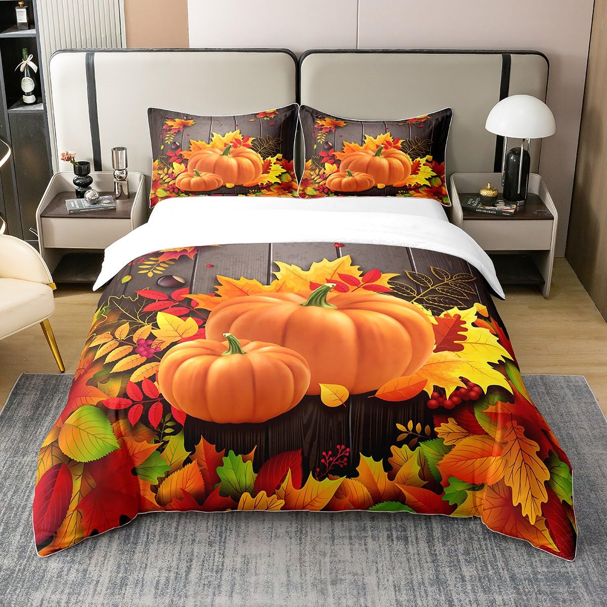 richhome 100% Nature Cotton Thanksgiving Pumpinks Duvet Cover,Retro Fall Maple Leaves Watercolor Botanical Leaves Bedding Set for Room Decor,Farmhouse Vintage Wooden Texture All Season Bedding King