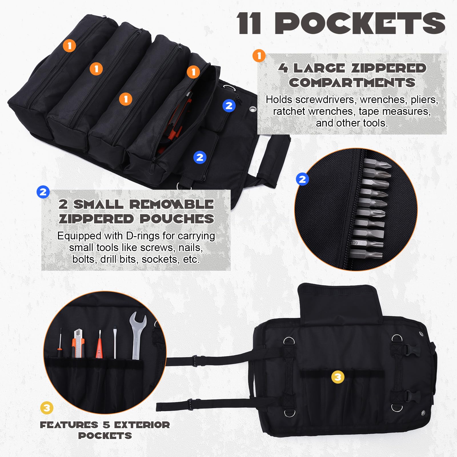 Freiesoldaten Tool Bag Heavy Duty Roll Up Tool Box Storage Organizer Portable Rollable Carrying Toolbag Tool Gift for Men with 2 Detachable Tool Pouch - Image 2