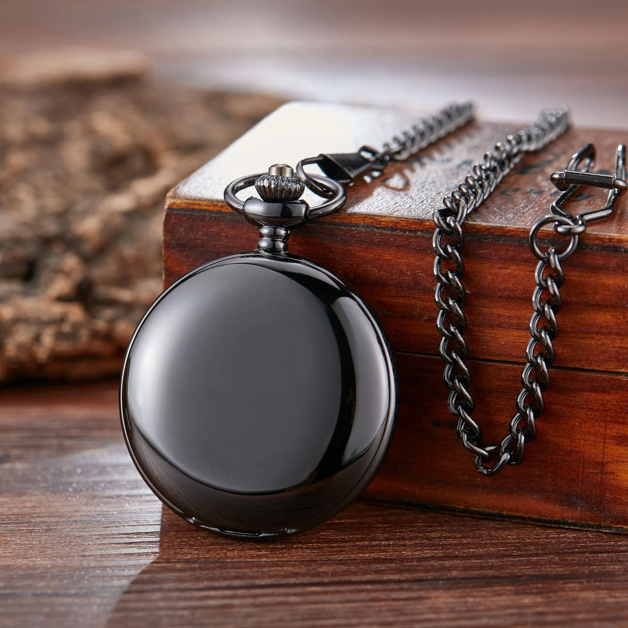 Reloj de Bolsillo mecánico clásico Doble Cara con Cuerda Manual y Superficie Lisa números Romanos ahuecados for Hombres Mujeres(Black)
