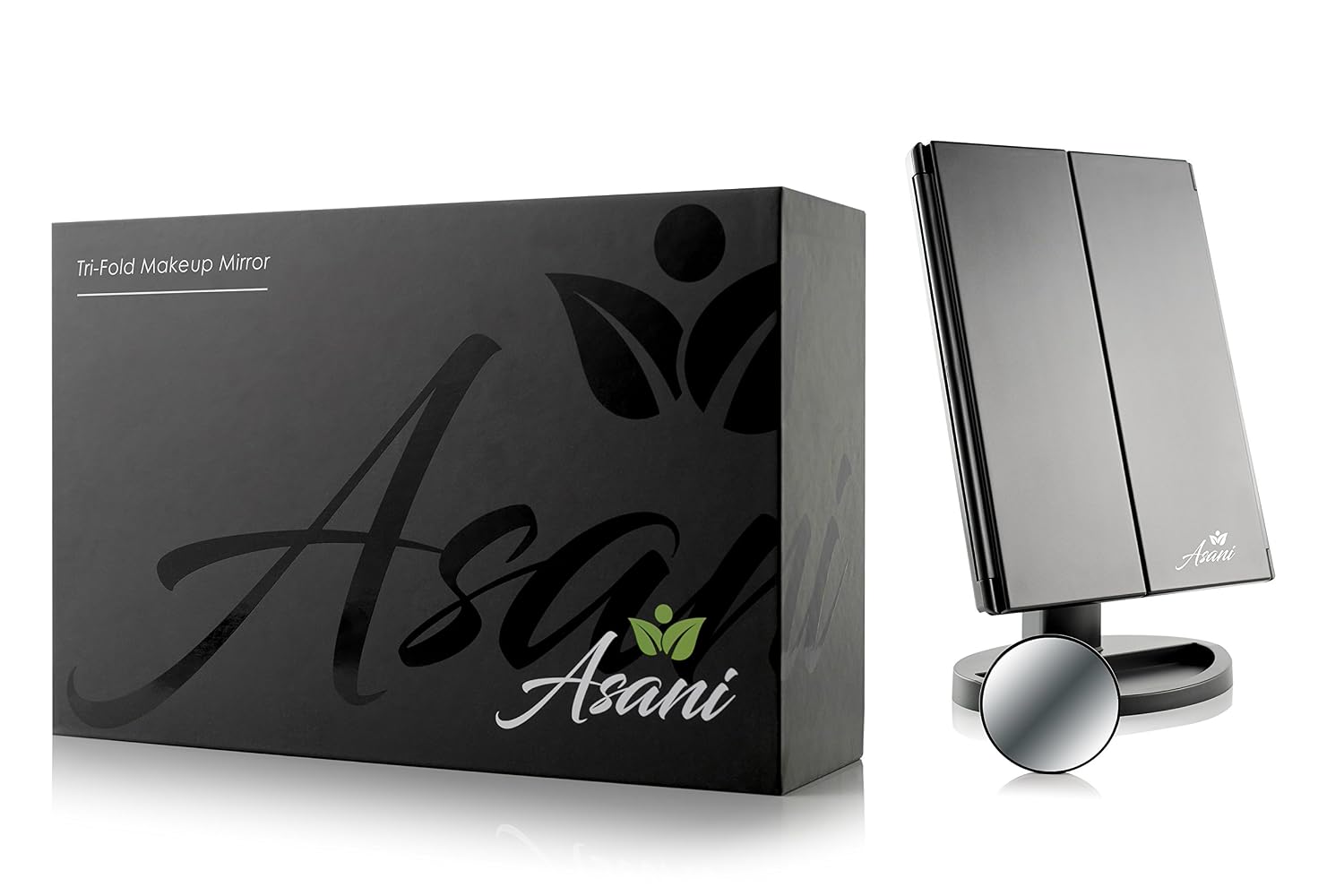 Asani Tri-Fold Lighted Magnification Makeup Mirror with a FREE 10X Spot Mirror | 21 LED Lights & Touch Controls | 1X / 2X & 3X Magnifying Cosmetic Vanity Folding Mirrors for Dresser and Travel (Black)