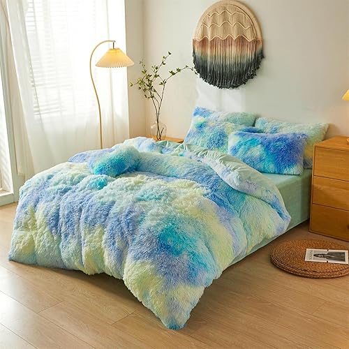 Edredón de piel sintética suave, juego de 3 piezas (1 edredón de felpa + 2 fundas de almohada peludas, relleno de microfibra de lujo, teñido