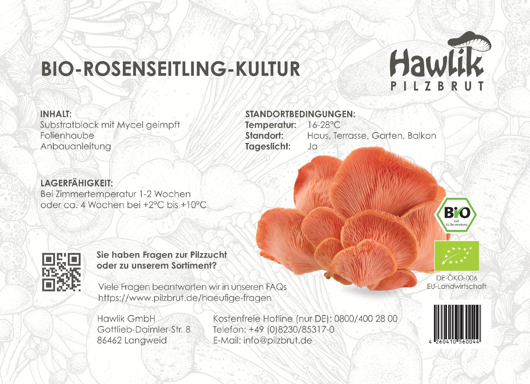Hawlik Pilzbrut – BIO Rosenseitling Kultur 2,5 kg – Kinderleicht selbst Rosenseitlinge züchten - Pilze züchten Set - Komplettes Pilzzuchtset für Zuhause - Ideal für Anfänger