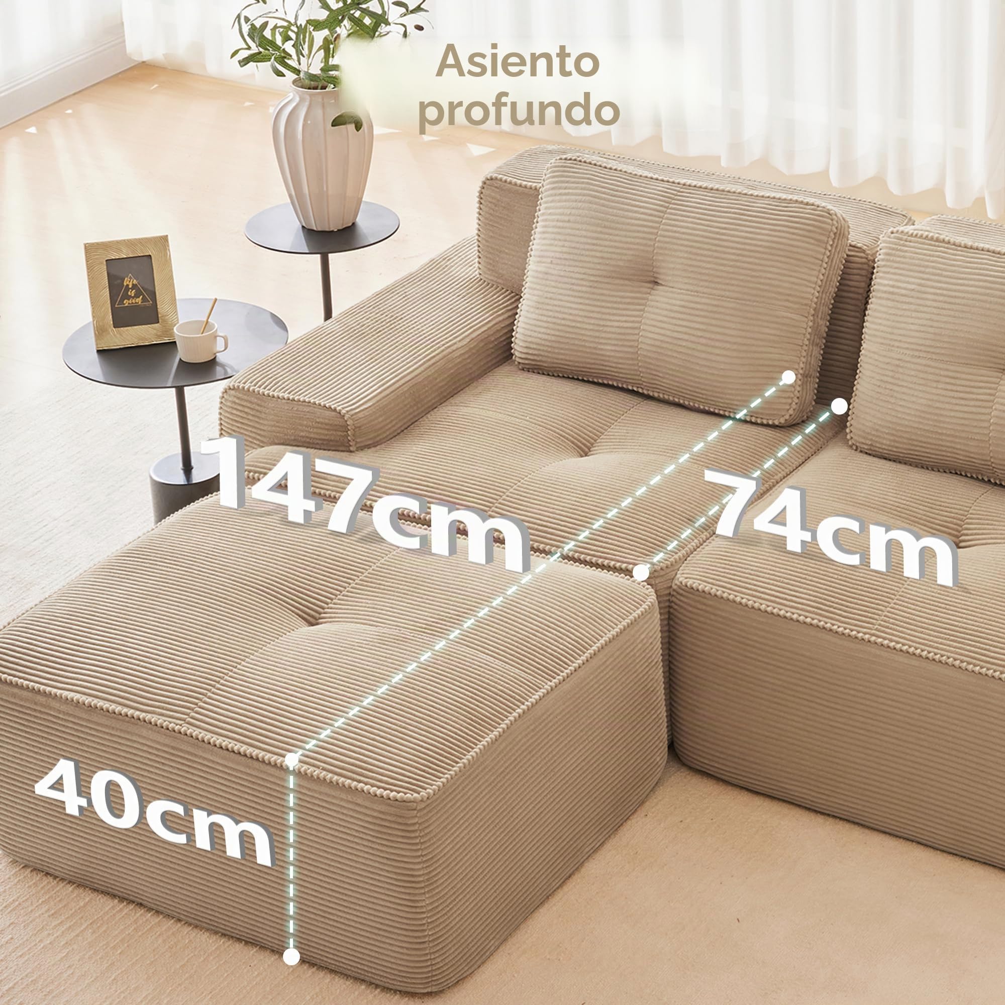 Sofá modular de pana en forma de L, sofá cama con taburete otomano, sofá de salón con comodidad y soporte de asiento bajo, sin montaje, espuma 32D de alta elasticidad (caqui claro, 3 plazas+1)