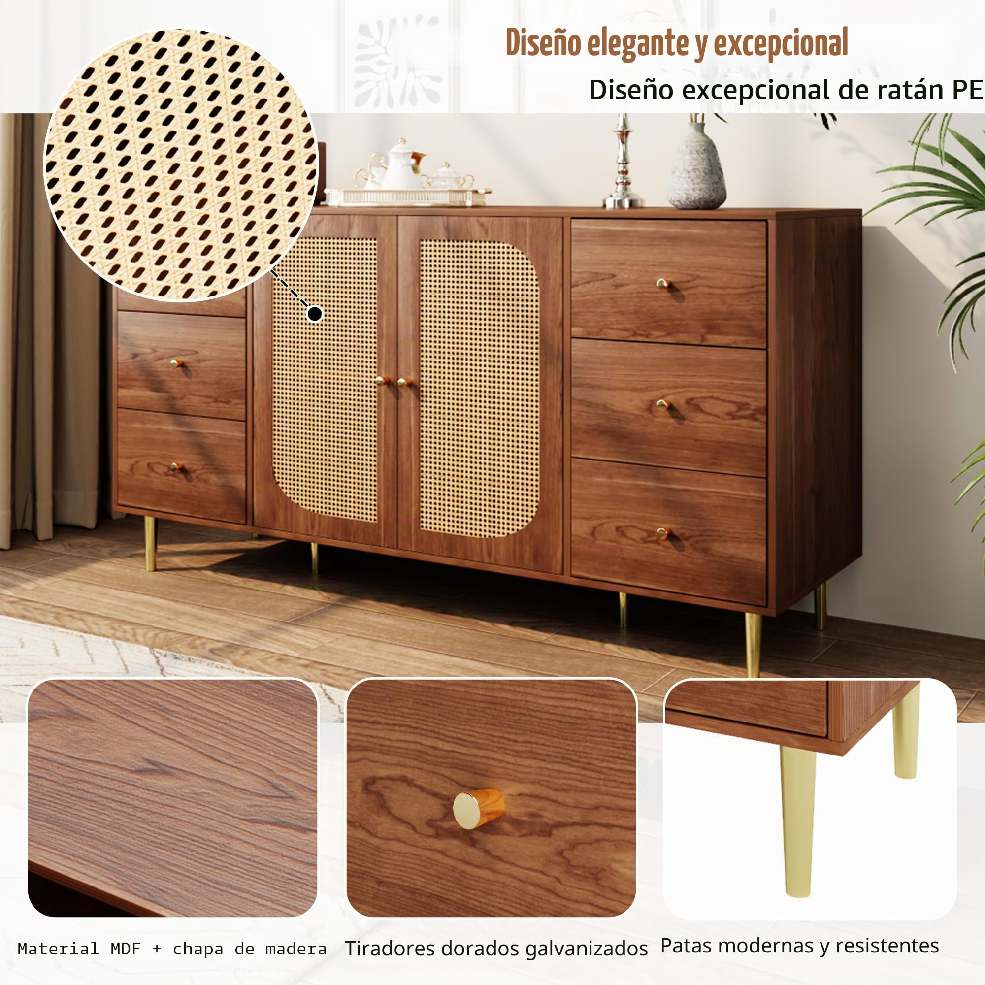 Lexiou Aparador de ratán con cajón, armario de madera independiente, cocina, hogar, salón, marrón, 160 x 40 x 90 cm