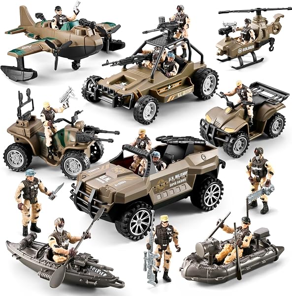 HOSPONY 58-in-1 Army Men Toys for Boys 4-7 6-8 8-12, Military Truck/Helicopter/Kayak Boat/Motorcycle/Army Men Action Fig