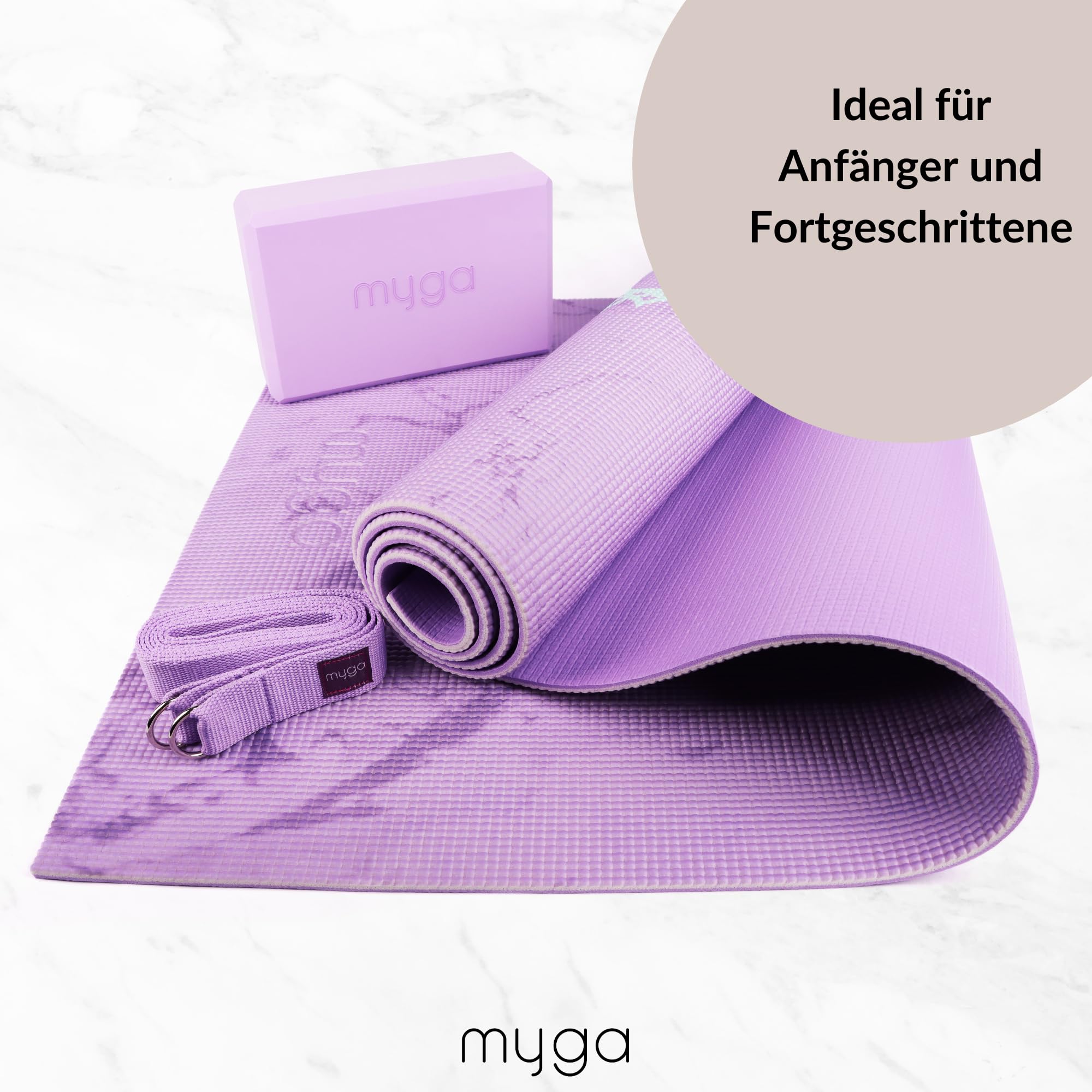 Myga Yoga Starter Kit | Komplettes Set mit Yogamatte, Yogablock & Gurt | rutschfest & Unterstützend | Ideal für Anfänger & Zuhause sowie Reisen | Unterschiedliche Druck Designs