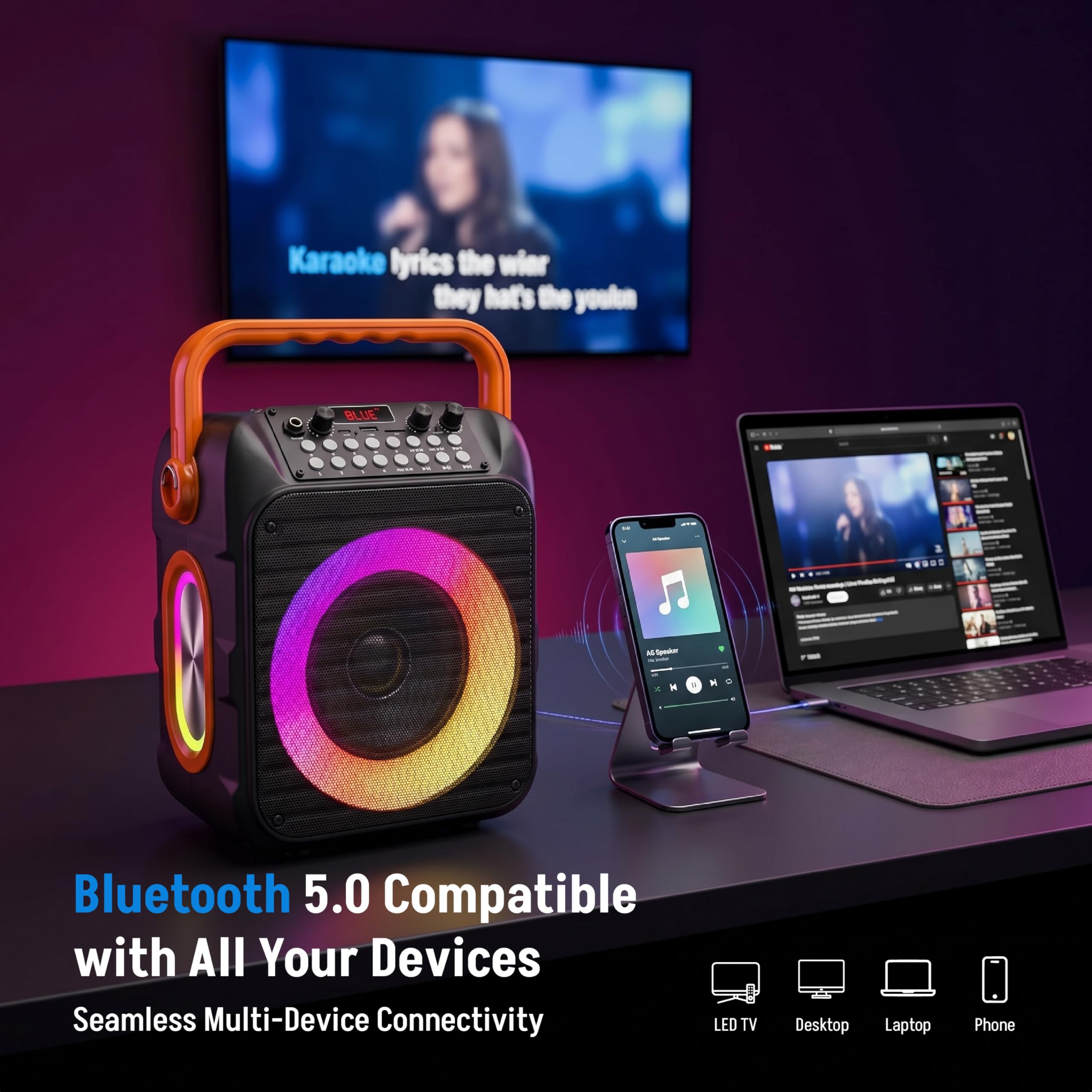Karaoke-Maschine mit 2 wiederaufladbaren drahtlosen Mikrofonen, 30W Bluetooth 5.3 Lautsprecher, PA-System mit Bass/Treble/Echo, unterstützt USB/TF/AUX/TWS für Home Party