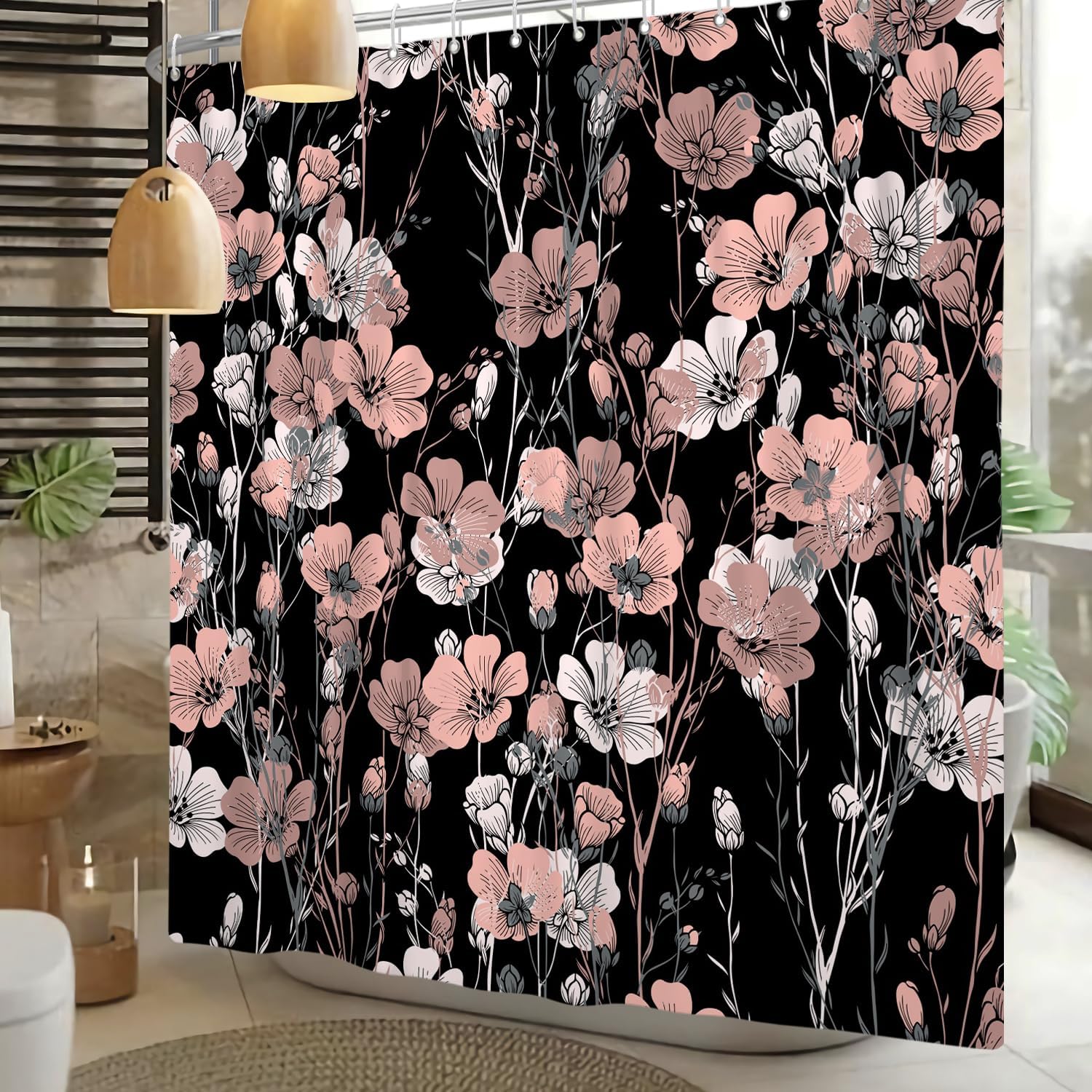 Black White Flowers Shower Curtain Vintage Plant Abstract Watercolor Floral Bath Curtain Boho Dark Botanical Flowers Bathroom Polyester Fabric Curtains with Hooks 72x78 inch