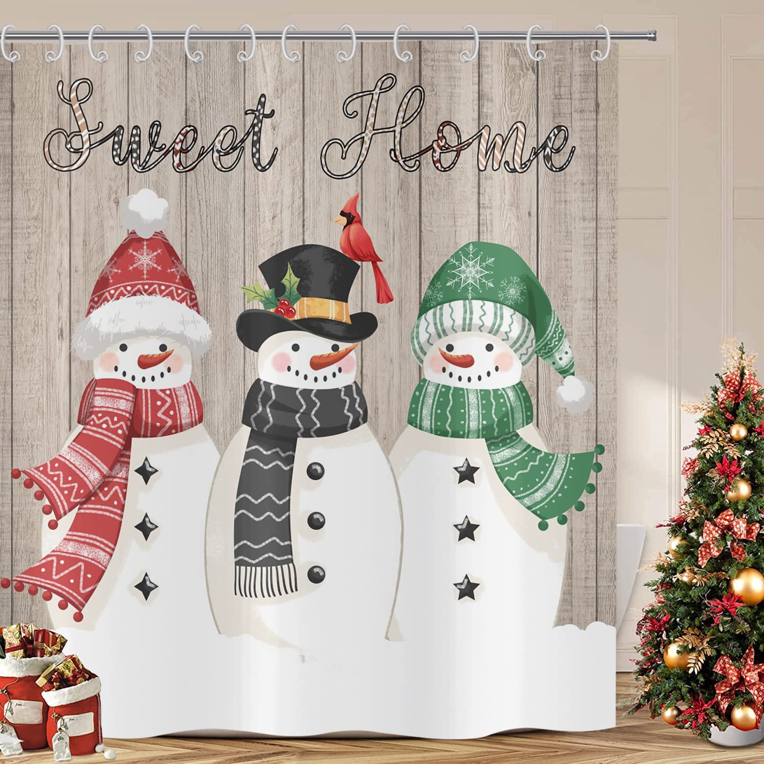ASDCXZ Christmas Shower Curtain, Snowman Christmas Waterproof Shower Curtains for Bathroom, Red Winter Home Decor Fabric Polyester Bathroom Curtains With 12 White Hooks, 180 x 220 cm/ 71 x 87 Inch โ image 1