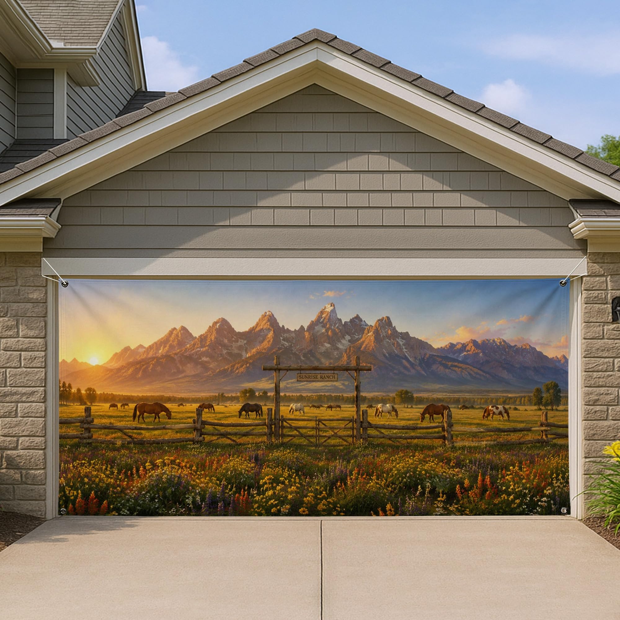 Paysage de montagne panoramique en bâche extérieure pour porte de garage 397x180