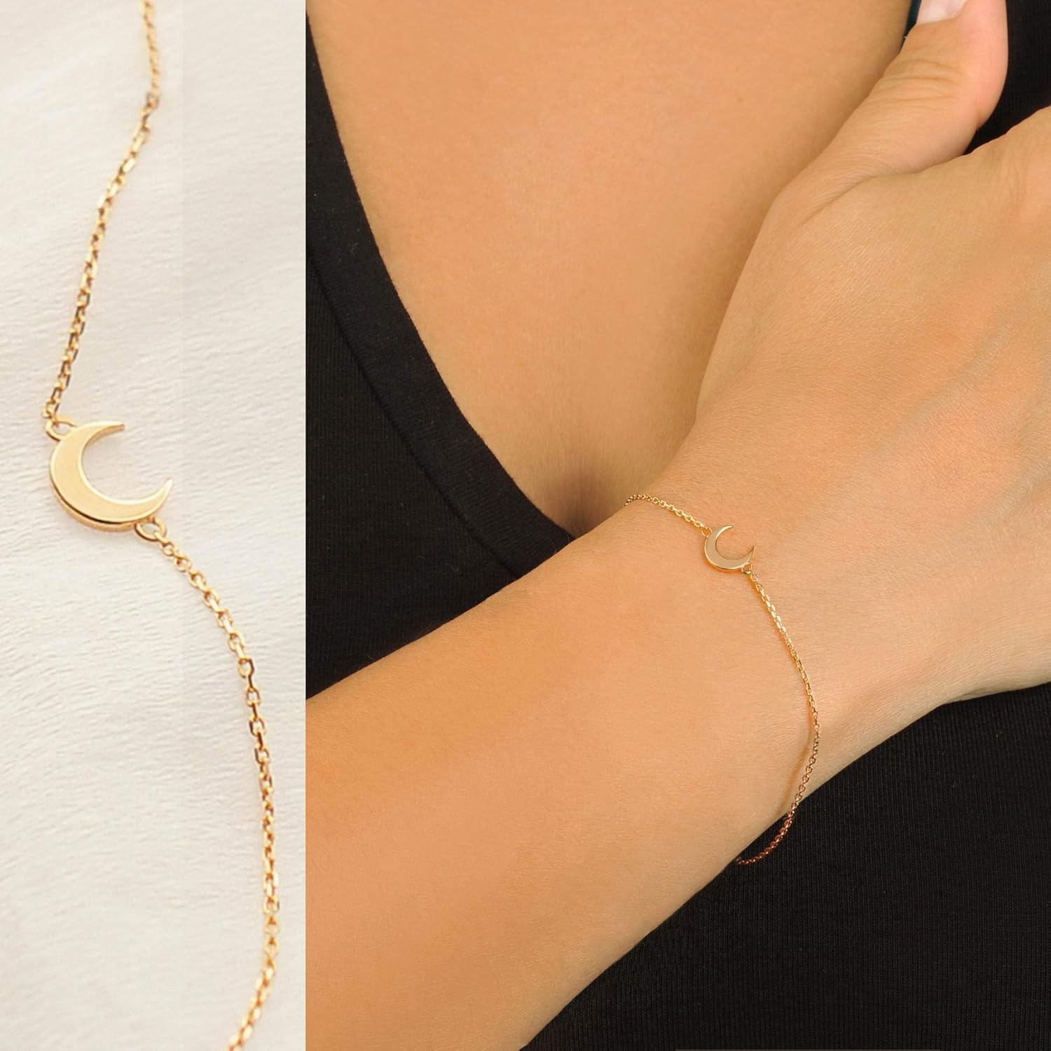 14k Solid Gold Moon Bracelet, Dainty Crescent Moon Bracelet