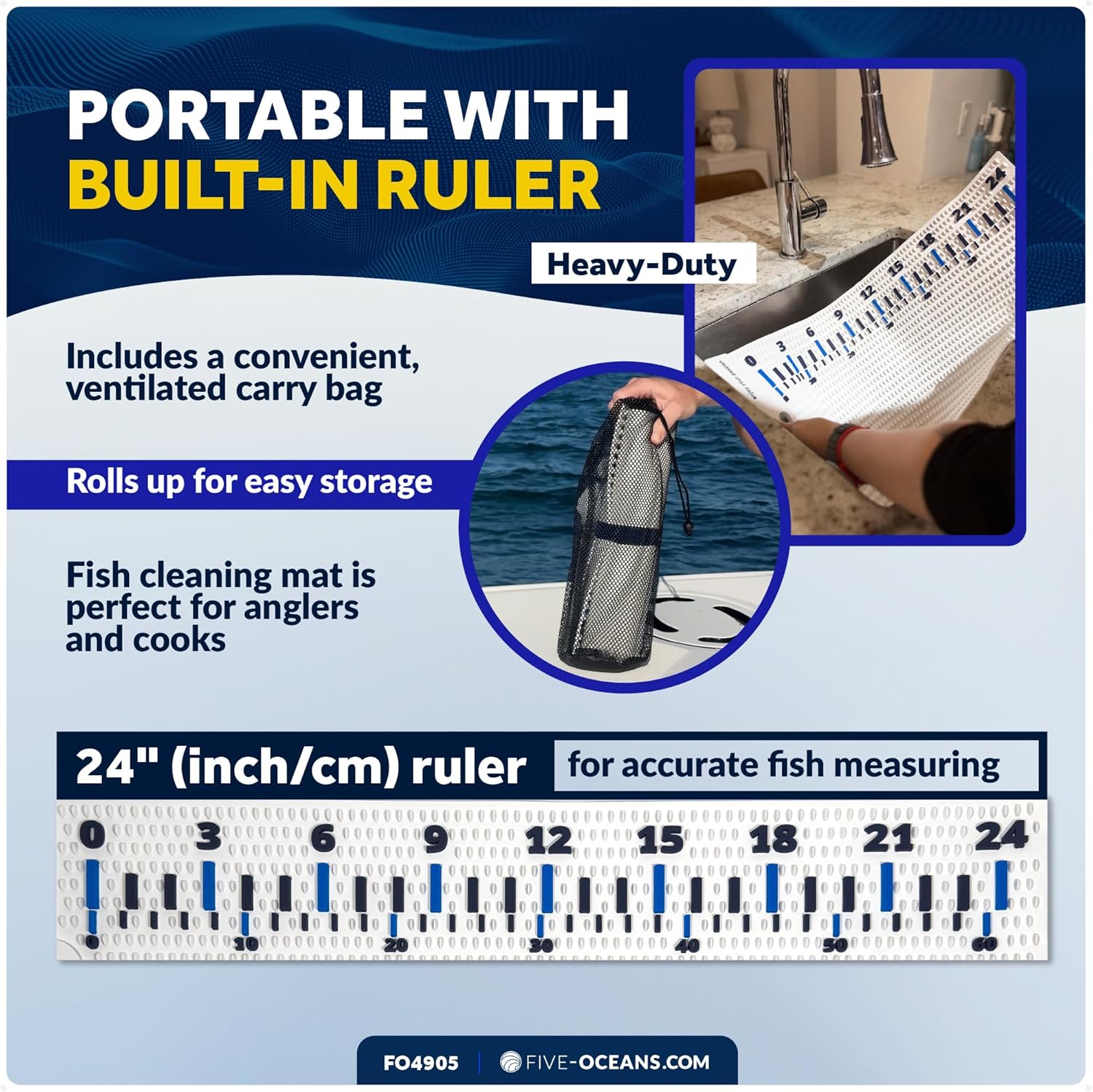Five Oceans Fish Fillet Mat 28"x14", White Non-Slip Cutting Mat for Fish, Heavy-Duty Roll-Up Dishwasher Safe Board with 24" Ruler, for Kitchen Counters, Patio BBQ & Outdoor Tables - FO4905