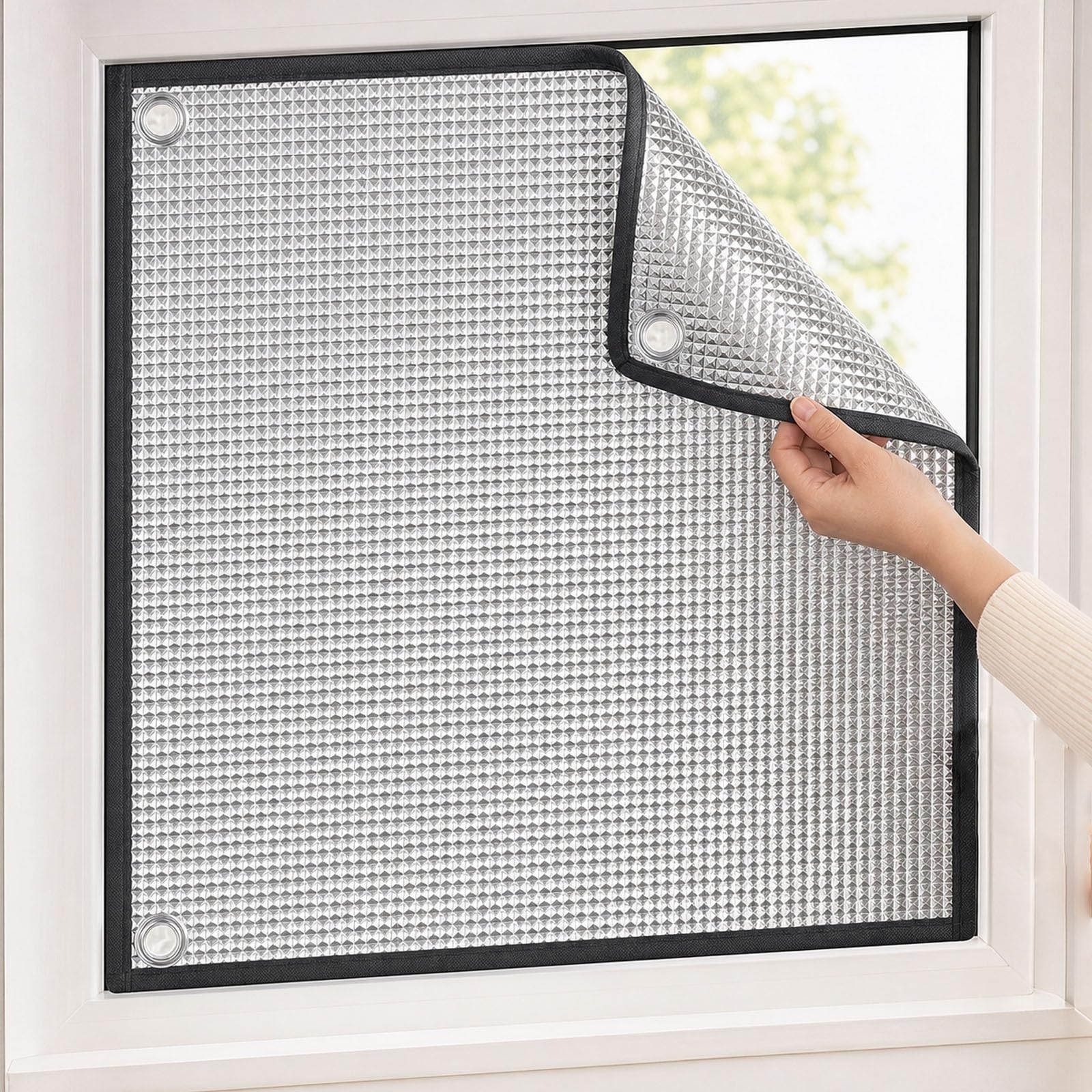 Heat Blocking Reflective Window Film, Aluminium Foil Thermal Insulation with Suction Cups, Keep Room Cool & Dark Shade for Home Shed Motorhome, Easy DIY Install Blackout Shade(Black,50x160cm)