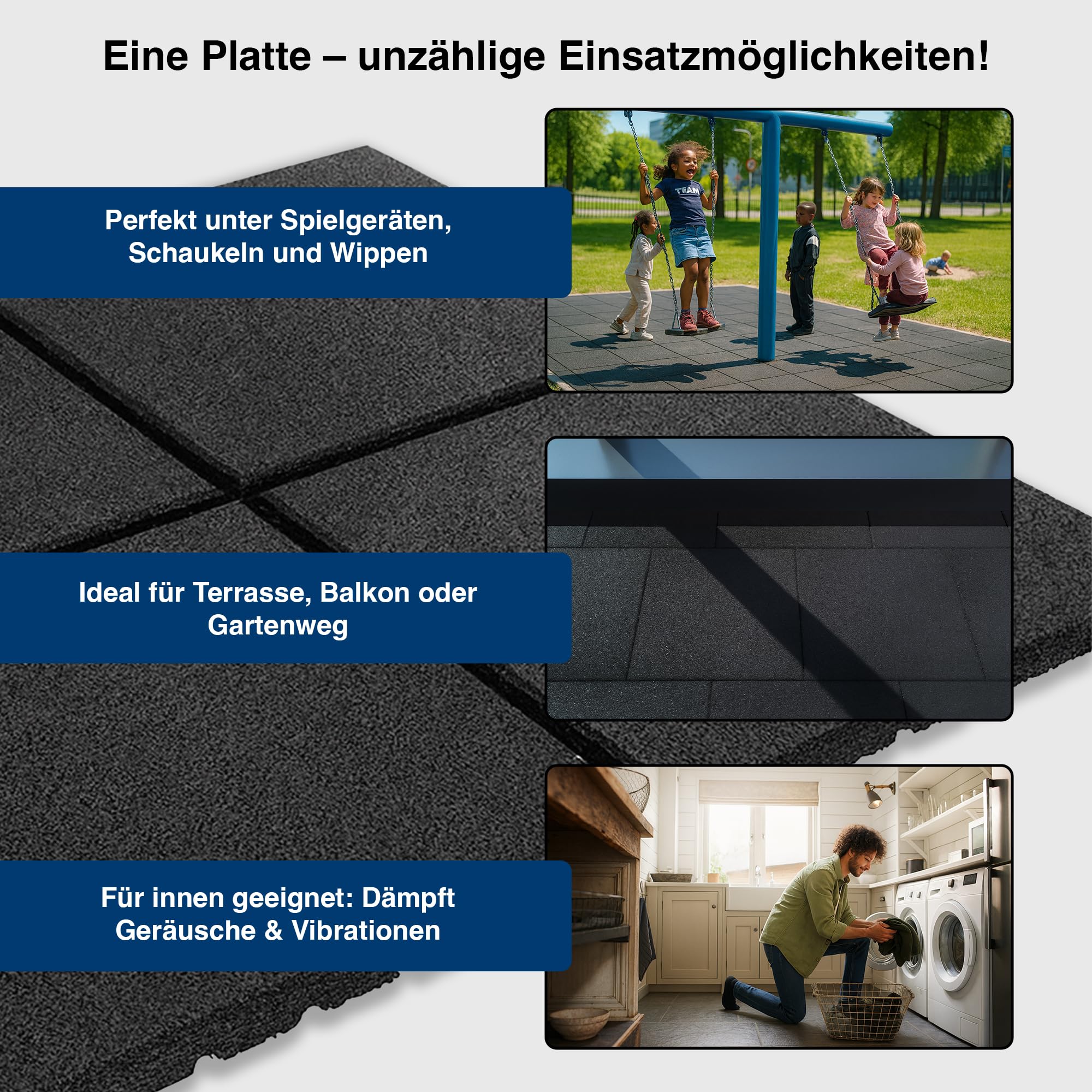 Vivol Gummifliesen Schwarz 30mm - 1m² (4 Gummi Fliesen à 50 x 50 cm) - Fallschutz Matte für Spielplätzen - Bodenbelag unter Waschmaschine und Trockner