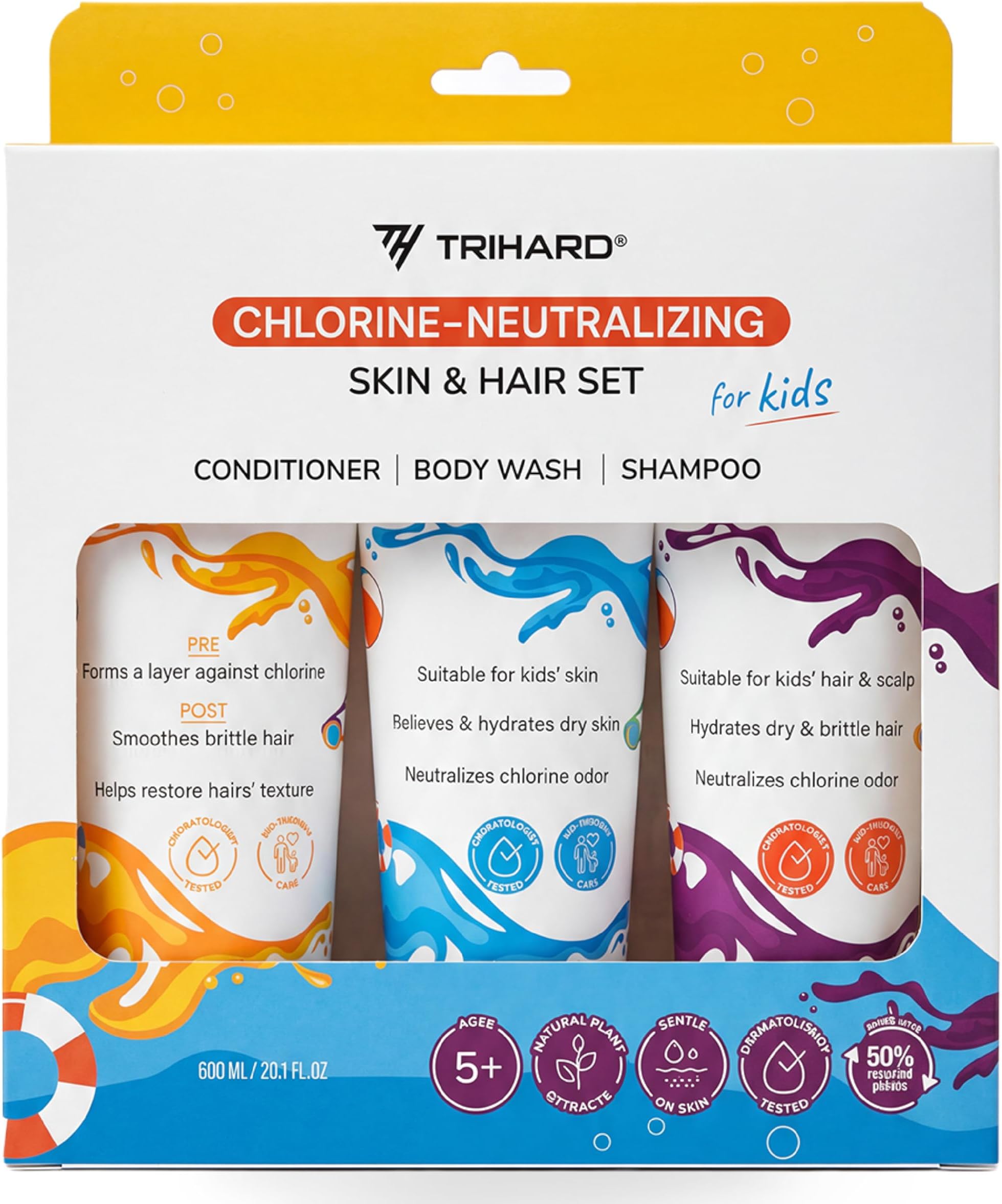TRIHARD Kids Chlorine Hair and Body Protection Essentials for Swimmers | 3-in-1 Shampoo, Conditioner, & Body Wash for Children’s Sensitive Skin & Hair Pre and Post Pool or Ocean