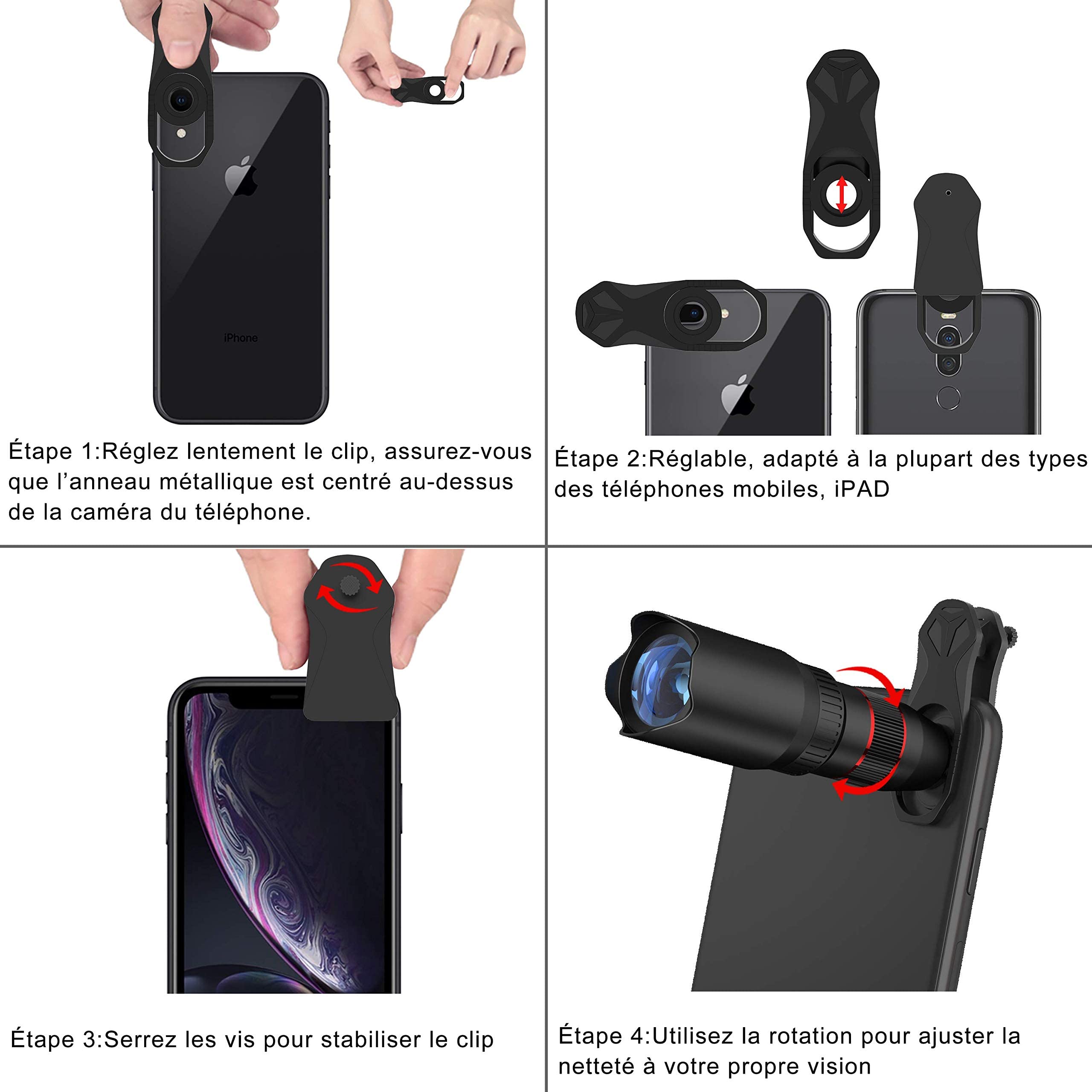 Selvim Objectif Smartphone Téléphone Caméra Lentille Portable Kit Caméra 22X Téléobjectif, 235° Fisheye, 25X Macro Objectif, 0.62X Objectif Grand Angle pour Plupart iPhone, Huawei, Samsung