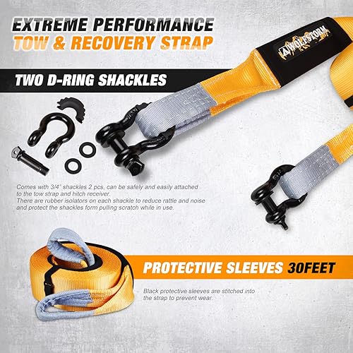 Miniatura 4 de WOLFSTORM Correas de remolque resistentes de 20 pies con grilletes de anillo en D resistencia a la rotura de 41800 libras correas de recuperación de