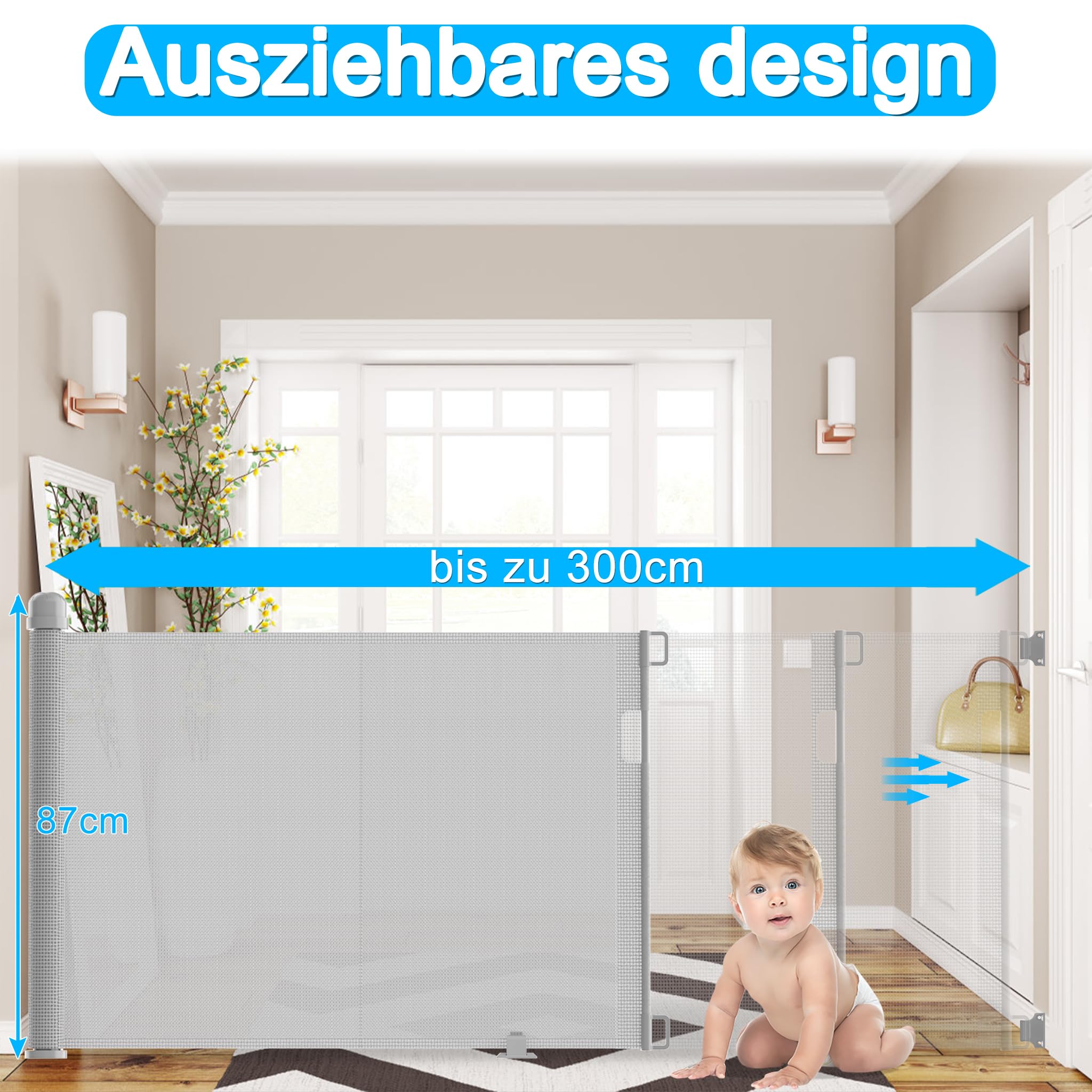 LZQ Rejilla de Seguridad, Valla de Protección para Puerta para Bebés y Mascotas, 0-300 cm, 87 cm de Alto, Adecuado para Escaleras, Puertas, Interiores y Exteriores, Gris