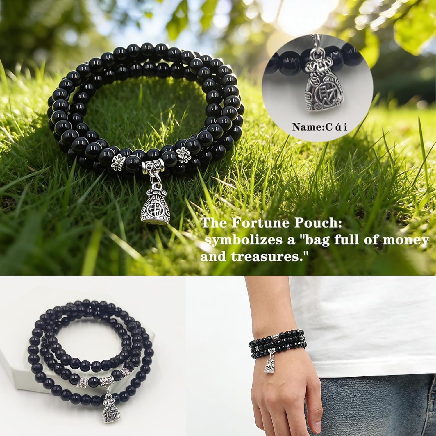 4-piece set of black energy bracelets - male and female psychotherapy beads. Exquisite appearance, in line with the trend of "modesty" and "minimalism", equipped with a lock style glacier bead bracelet. - Image 5