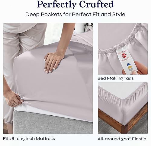 Vista 236 de Juego de sábanas de 400 hilos y 6 piezas, tamaño King, con 4 fundas de almohada, ropa de cama de 100 % algodón con tejido satinado, color azul 12