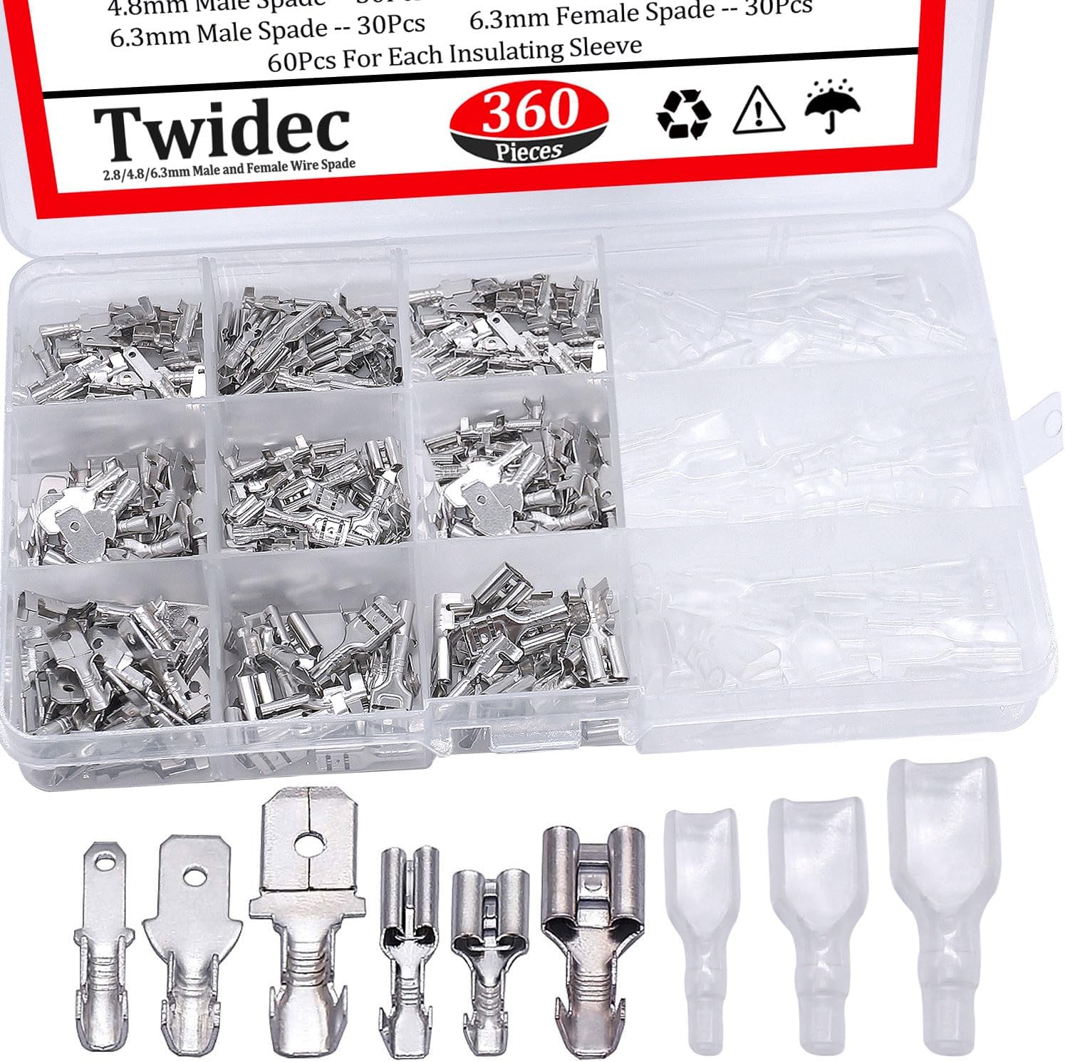 Twidec/360Pcs 2.8/4.8/6.3mm Quick Splice Male and Female Wire Spade Connector Crimp Terminal Block Assortment Kit with Insulating Sleeve for Electrical Wiring Car Audio Speaker
