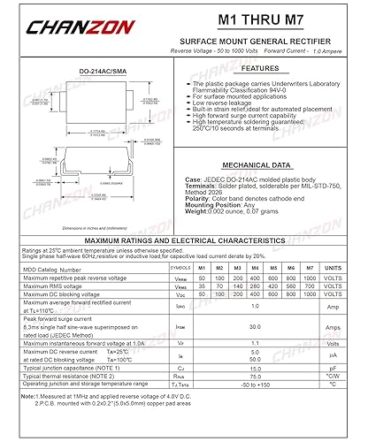 Miniatura 2 de Paquete de 100 piezas Chanzon M7 SMD Rectificador Diodo 1A 1000V SMA (DO-214AC) 1 Amp 1000 Voltios Diodos de Silicio Electrónicos