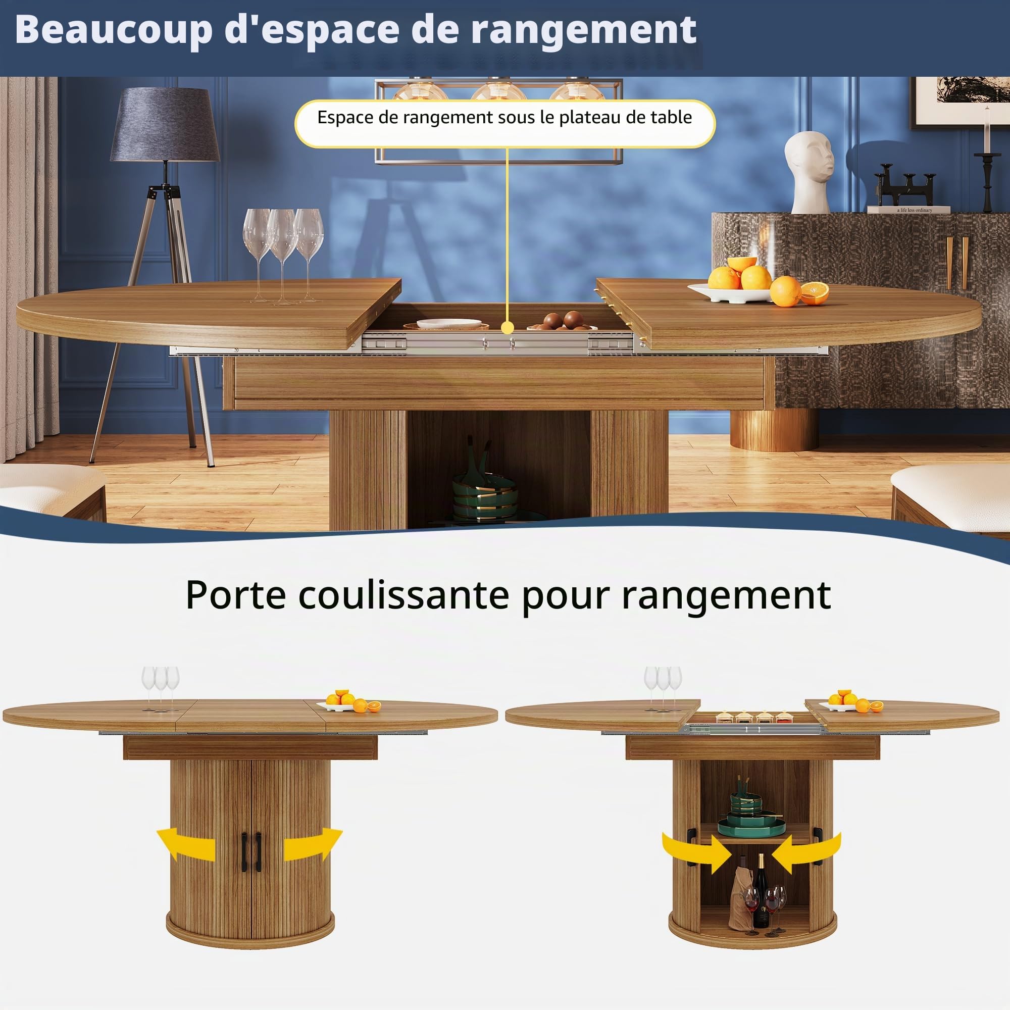 Merax Table à manger ronde extensible 118-158 cm, table de cuisine moderne pour 4 à 8 personnes, table de salle à manger avec support stable, espace de rangement intégré, table de balcon ovale pour