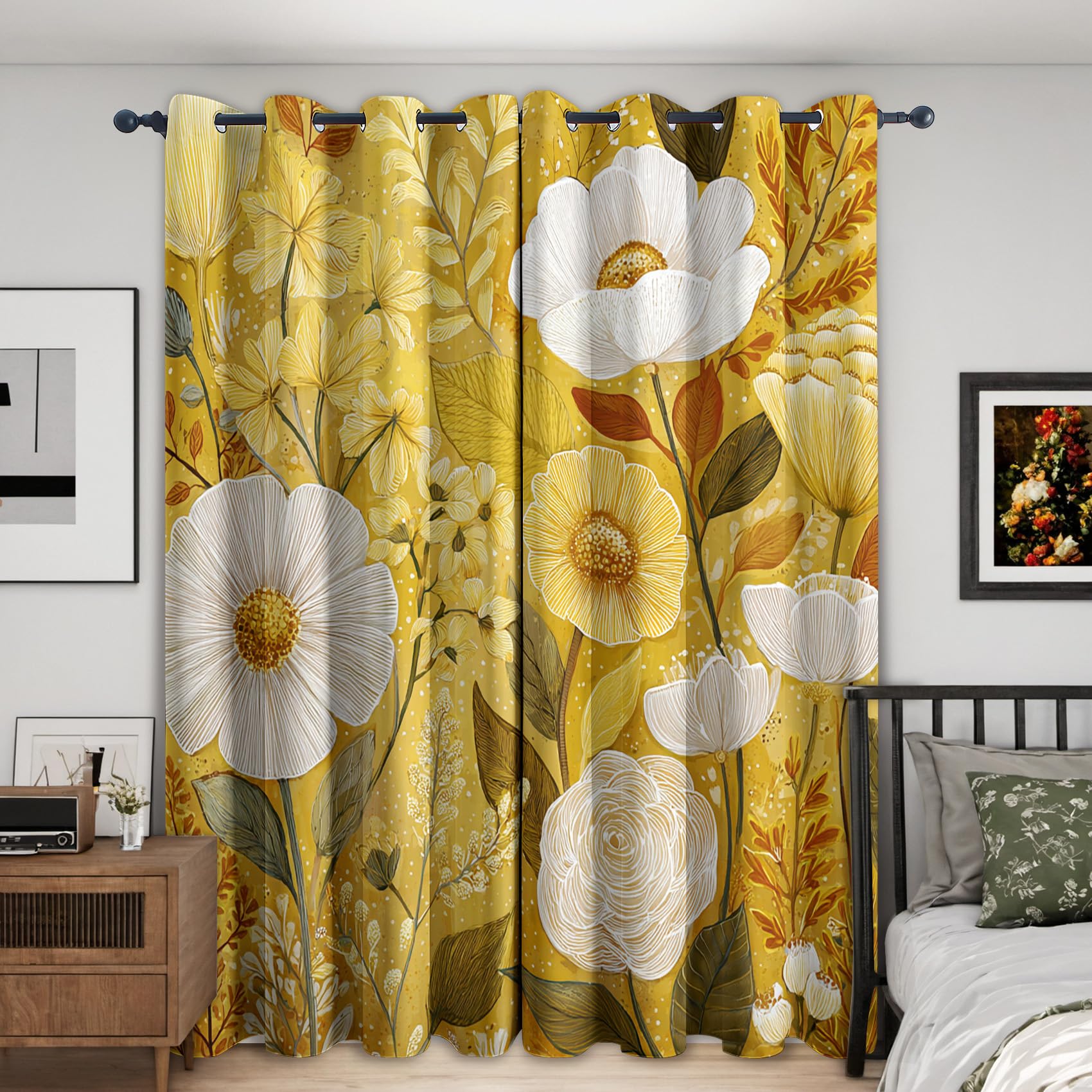Blumenmuster Vorhänge Mit ösen Blickdicht, Gold Gelb Blumen Vorhang Schlafzimmer Wohnzimmer Küche 140 x 260 cm Lang, Übergardinen Innen Verdunklungsvorhänge