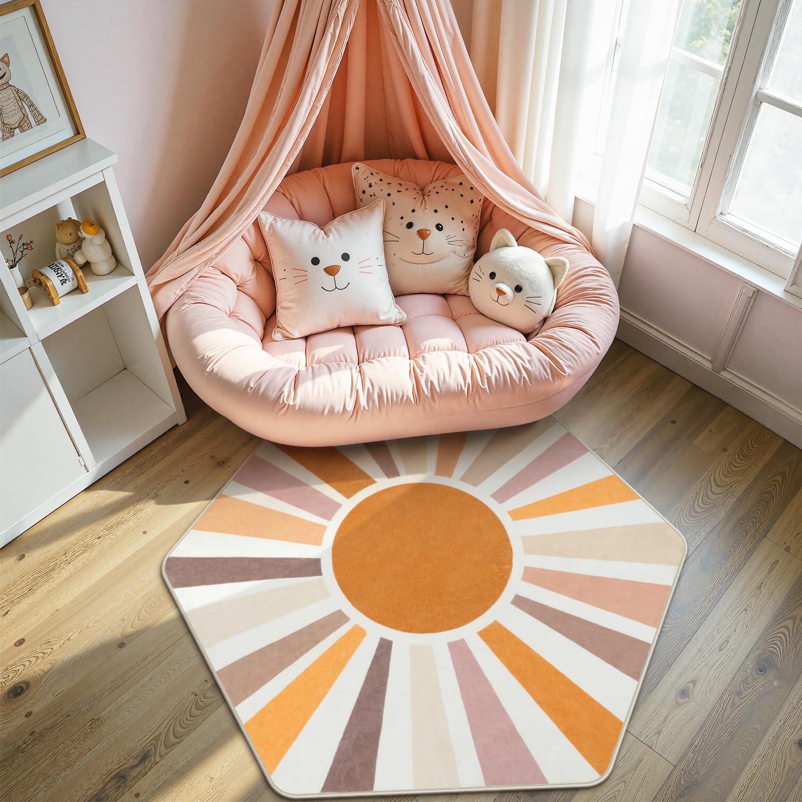 STARUIA Boho Washable Hexagon Rainbow Nursery Rug for Princess Tent Kids Play Castle, 4.6ft Colorful Sun for Kids Play Room, Ultra Soft Carpet for