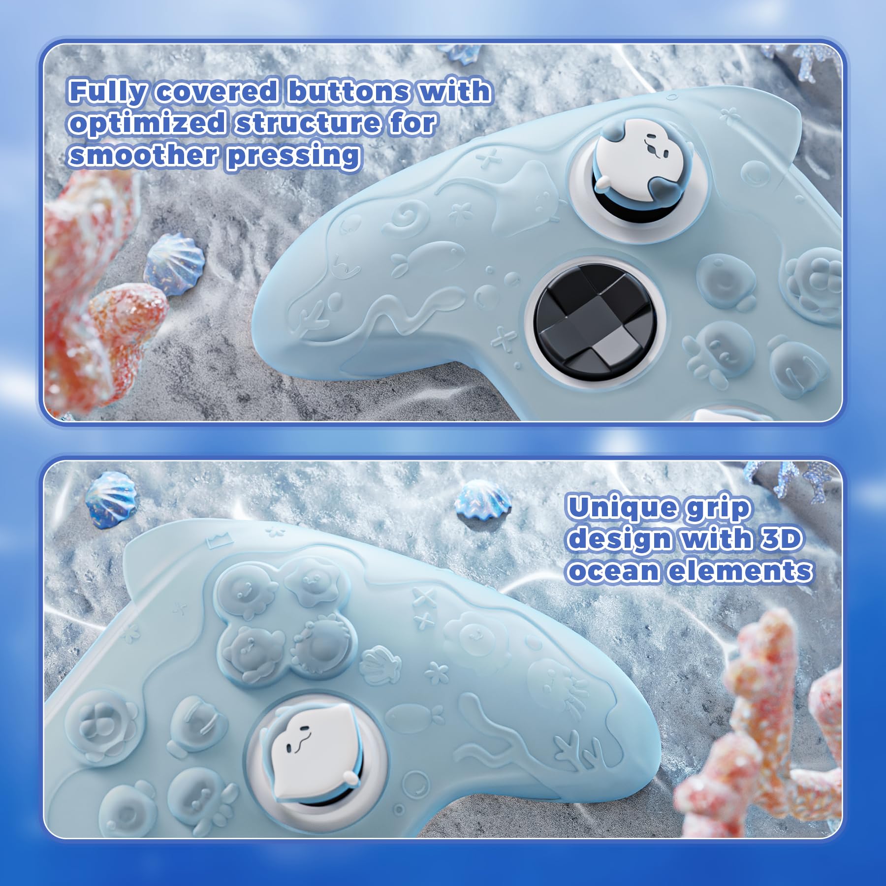 PlayVital Funda de Silicona para Xbox Series S/X Mando, Carcasa Protectora Antideslizante Semi-Transparente, Protección Completa, Incluye Thumb Grips y Sticker - Cute Ocean Whisper (Azul Menta)