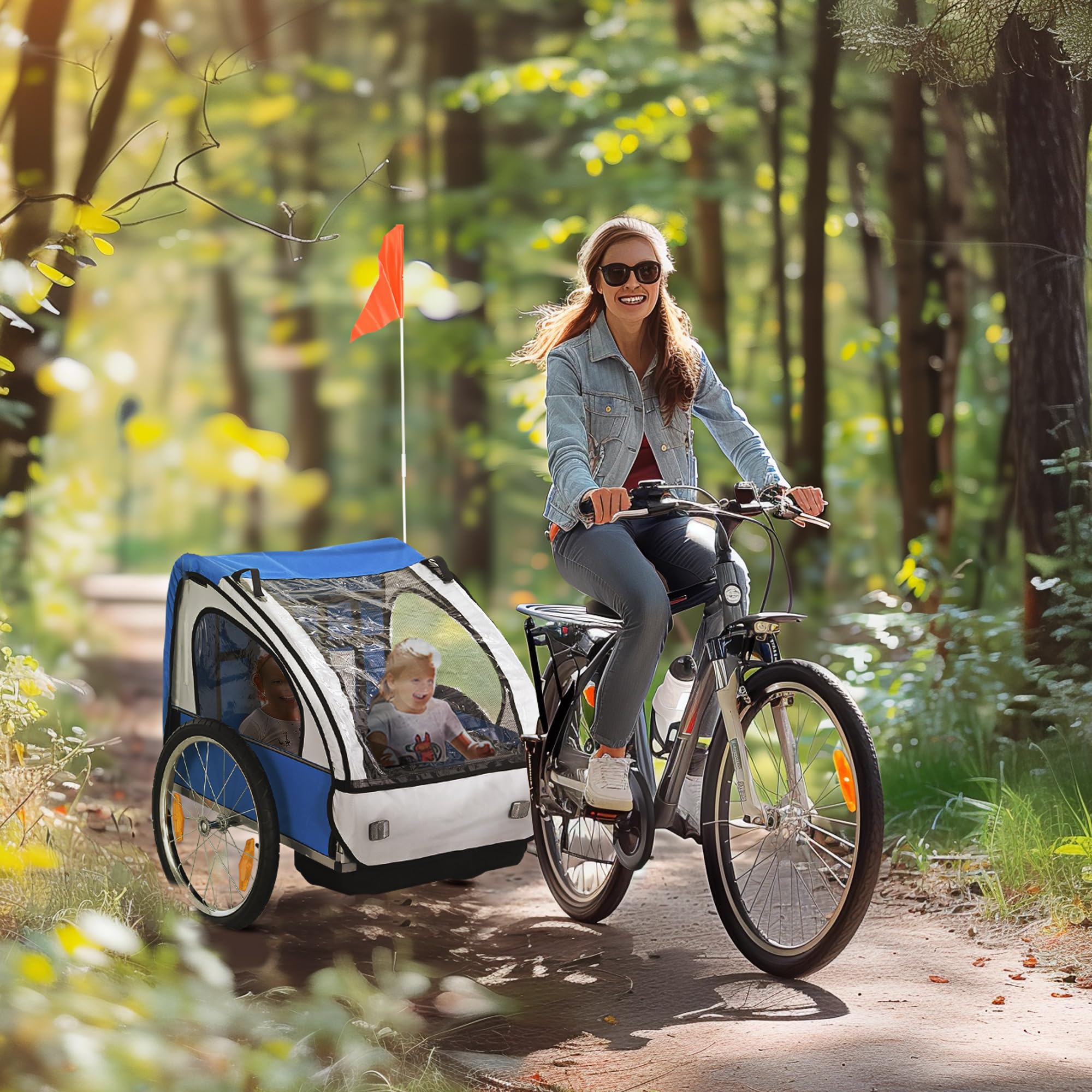 HOMCOM Remorque vélo pour enfants avec 2 sièges, 2 ceintures de sécurité, cadre en acier et housse en tissu Oxford Bleu